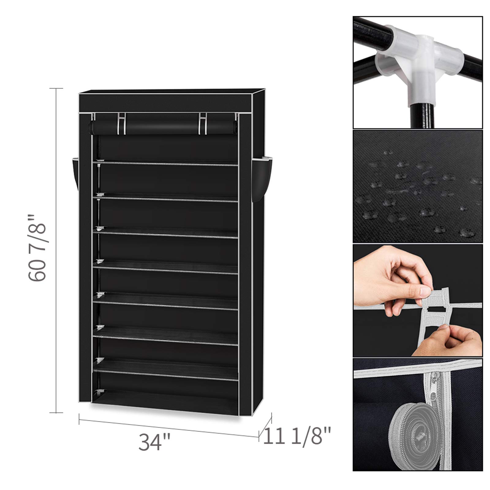10-Tier Shoe Rack with Dustproof Cover - Space Saving Closet Shoe Storage Cabinet Organizer Holds 45 Pairs - Portable Shoe Shelf for Bedroom, Entryway & Closet Organization (Black)
