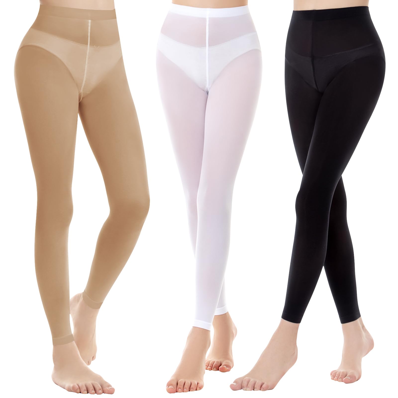 Girl's Ballet Tights (3 Pairs) - Black, White, Nude for Dance & School