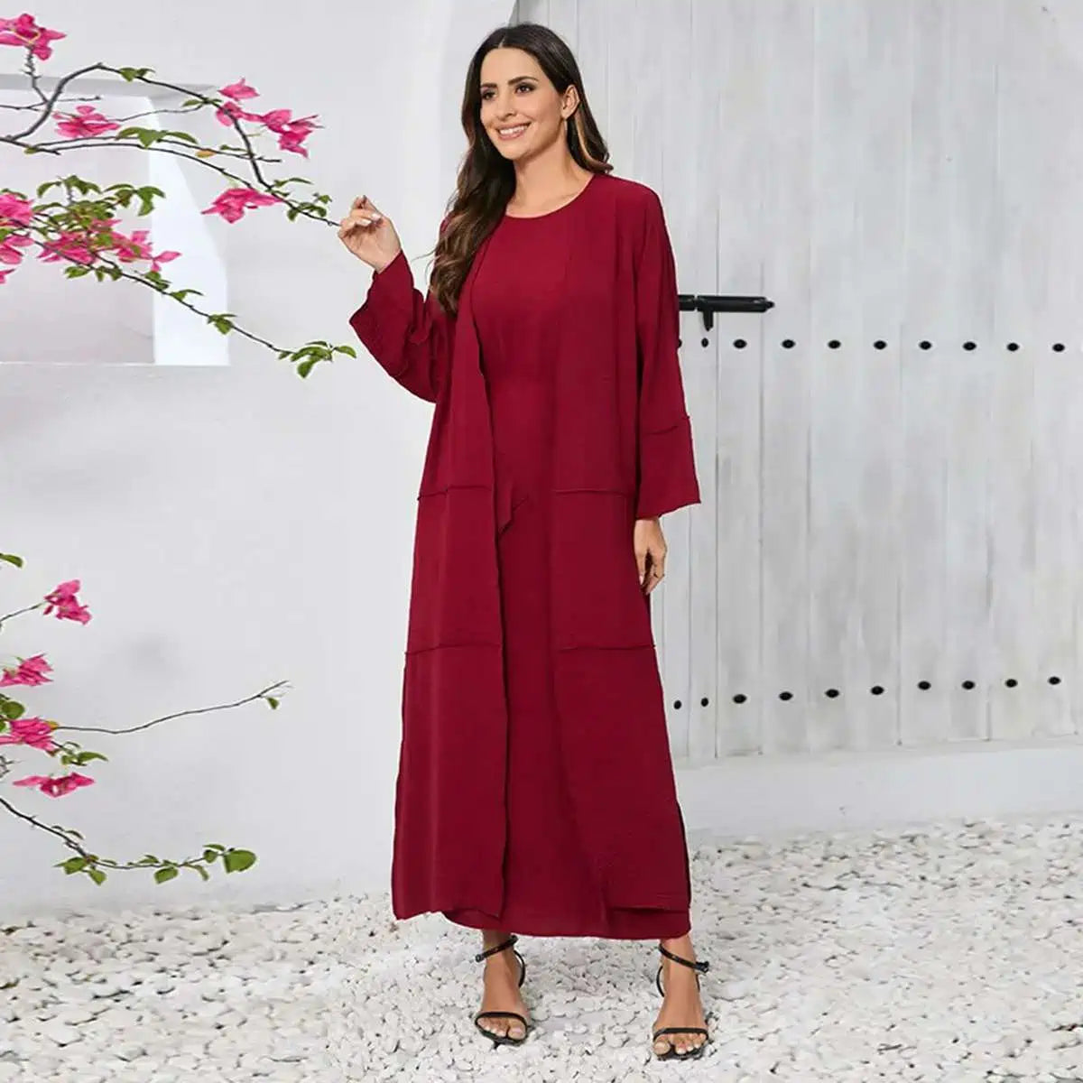 10 Color Options 3-Piece Wrinkled Abaya Dress Set - Outer Abaya, Mid Wrap & Sleeveless Inner Dress | Modest Islamic Fashion for Prayer, Eid & Special Occasions