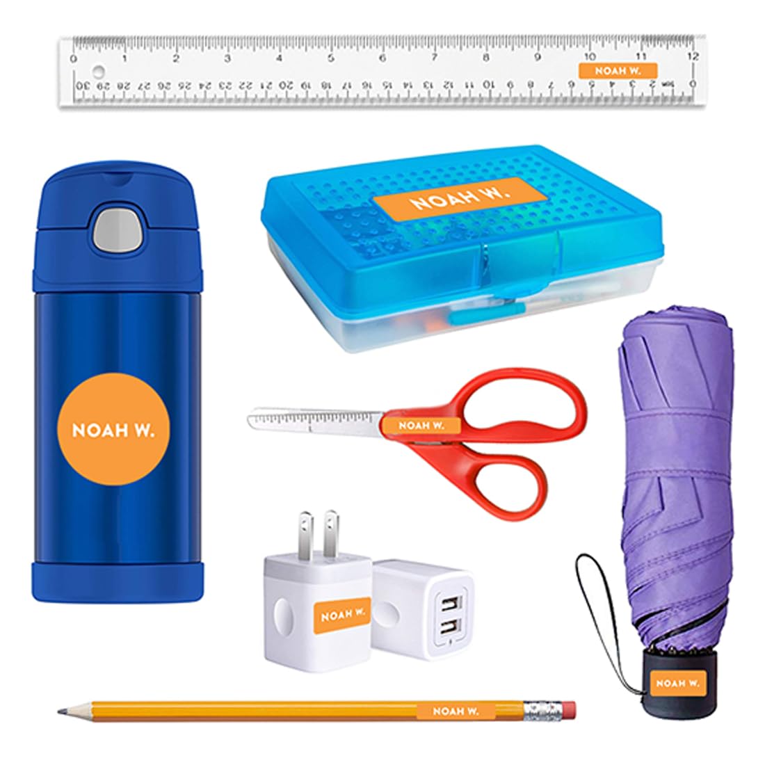 Andaz Press Custom Personalized Waterproof School Labels - 120 Pack Orange Name Stickers for Kids, Preschool & Daycare Supplies | Perfect for Books, Lunch Boxes & Water Bottles