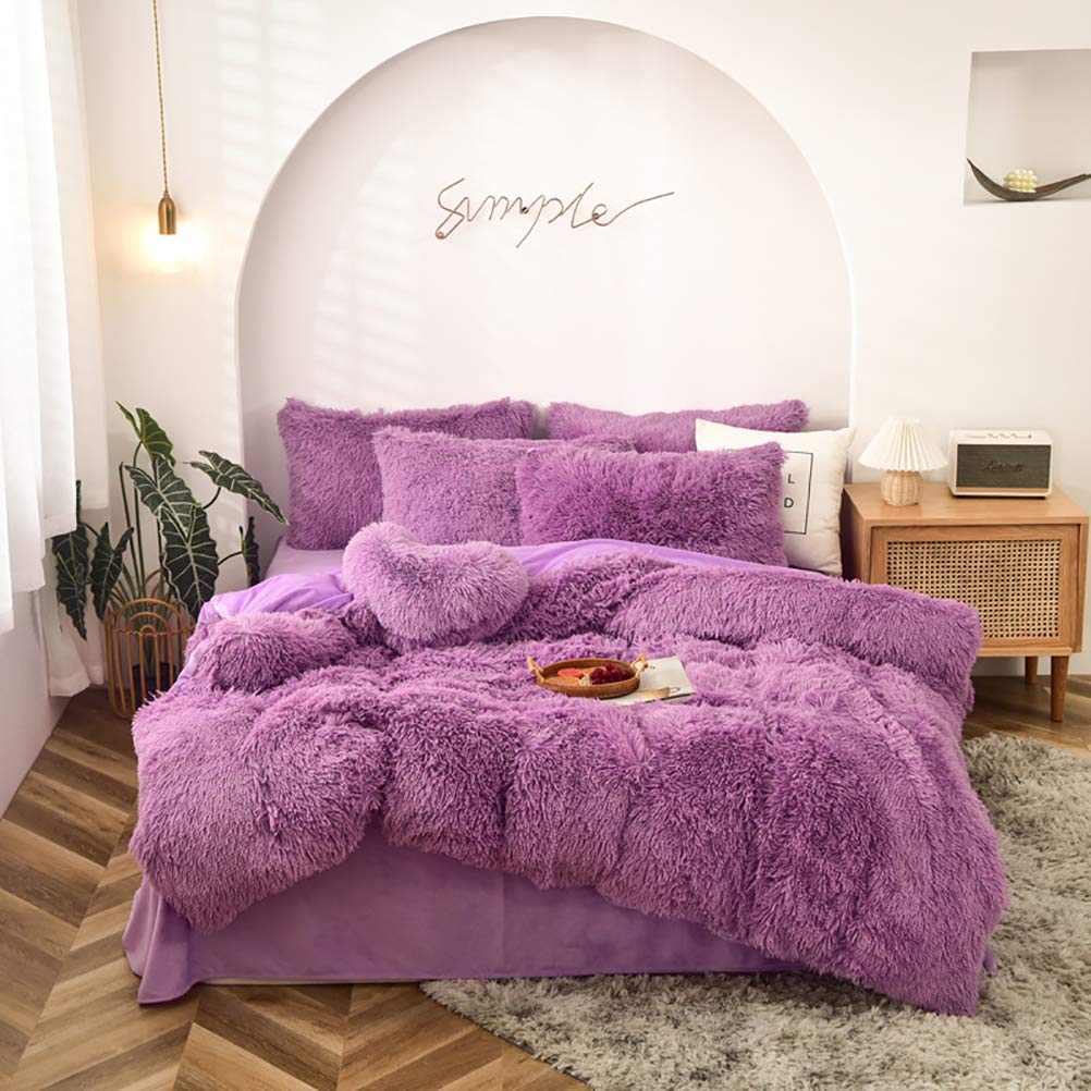 Luxury Plush Velvet Duvet Cover Set - 4 Piece Ultra Soft Mink Cashmere Bedding with Pillowcases & Flat Sheet - Winter Warm Shaggy Comforter Cover - Lilac Twin Size for Cozy Bedroom Decor