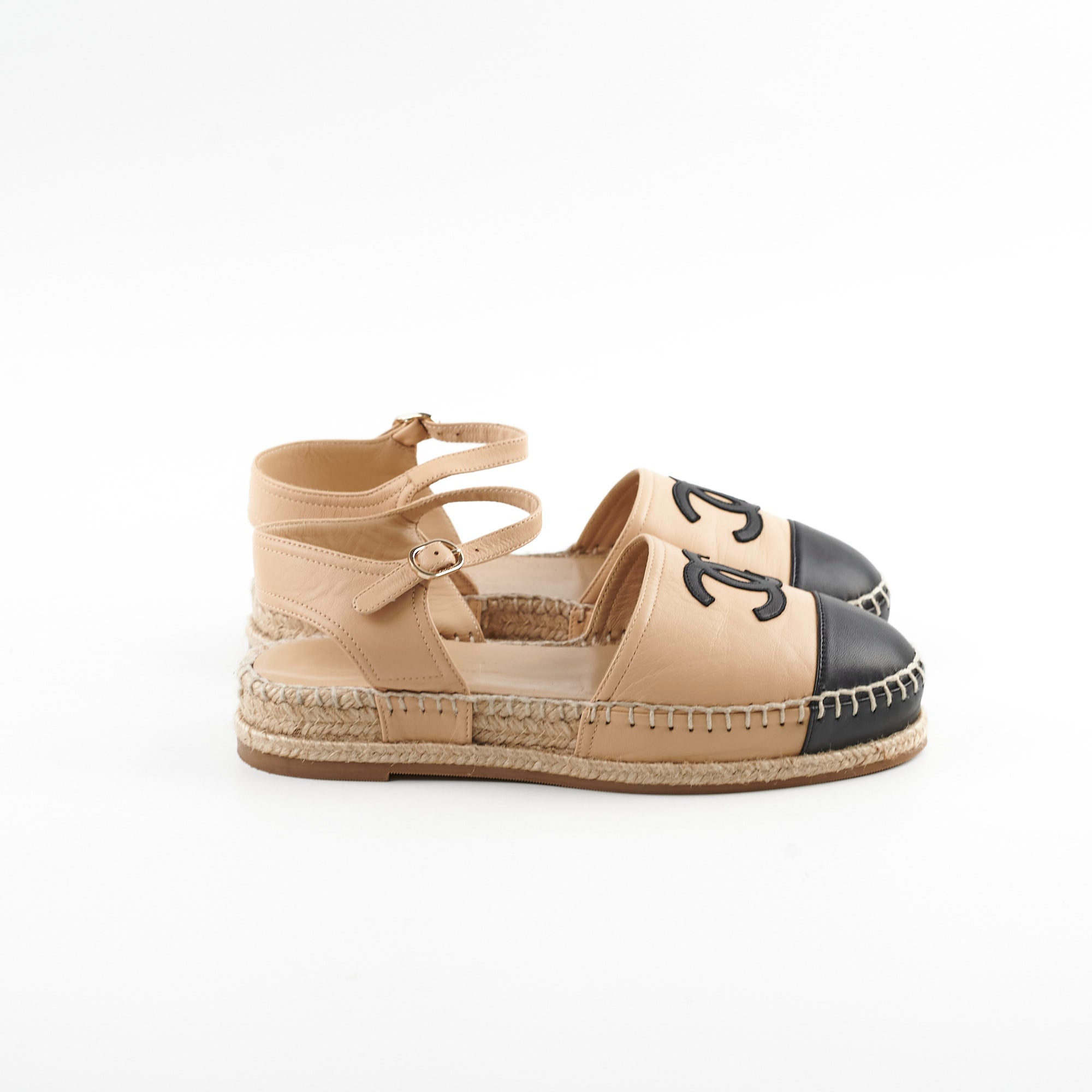 Chanel Beige & Black Open-Toe Espadrilles Flats - Size 36 | Comfortable Summer Sandals for Beach, Vacation & Casual Outings