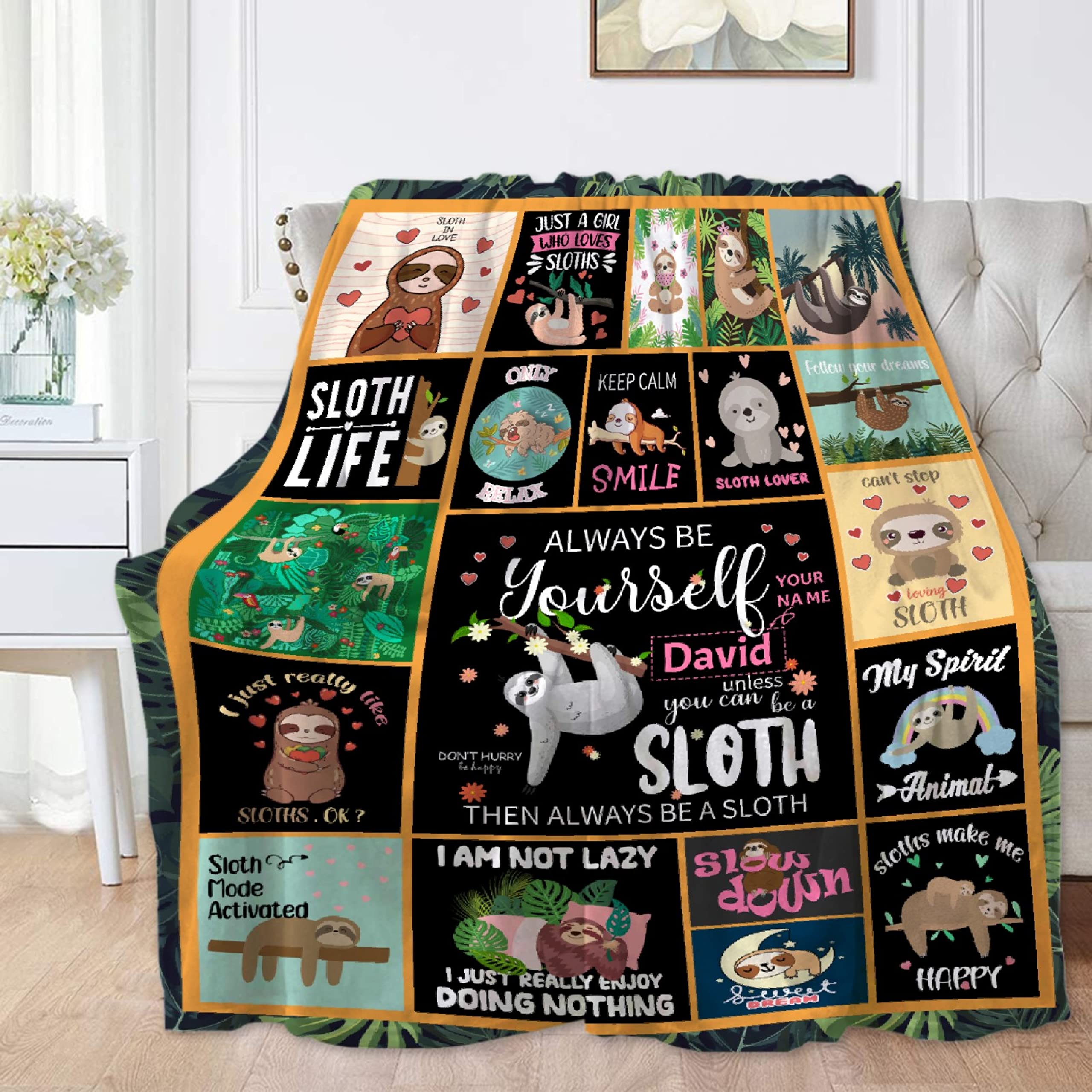Custom Sloth Blanket with Name - Personalized Flannel Fleece Throw for Women & Adults - Soft Lightweight Giant Sloth Stuffed Animal Gift for Family - Perfect for Cozy Nights, Home Decor & Unique Birthday Presents