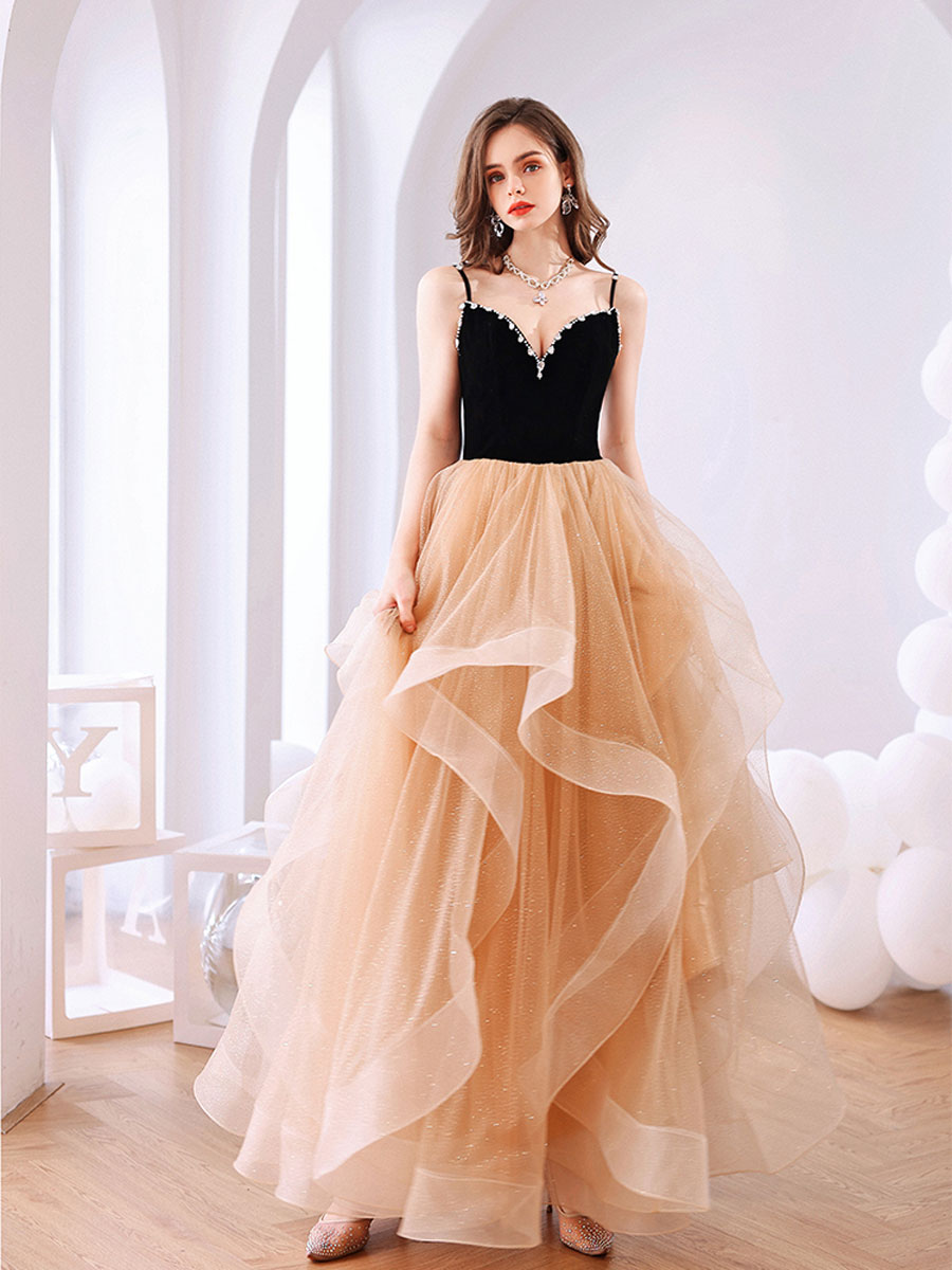 Elegant Champagne Tulle Long Prom Dress & Formal Graduation Gown - Perfect for Homecoming, Quinceañera, and Evening Galas