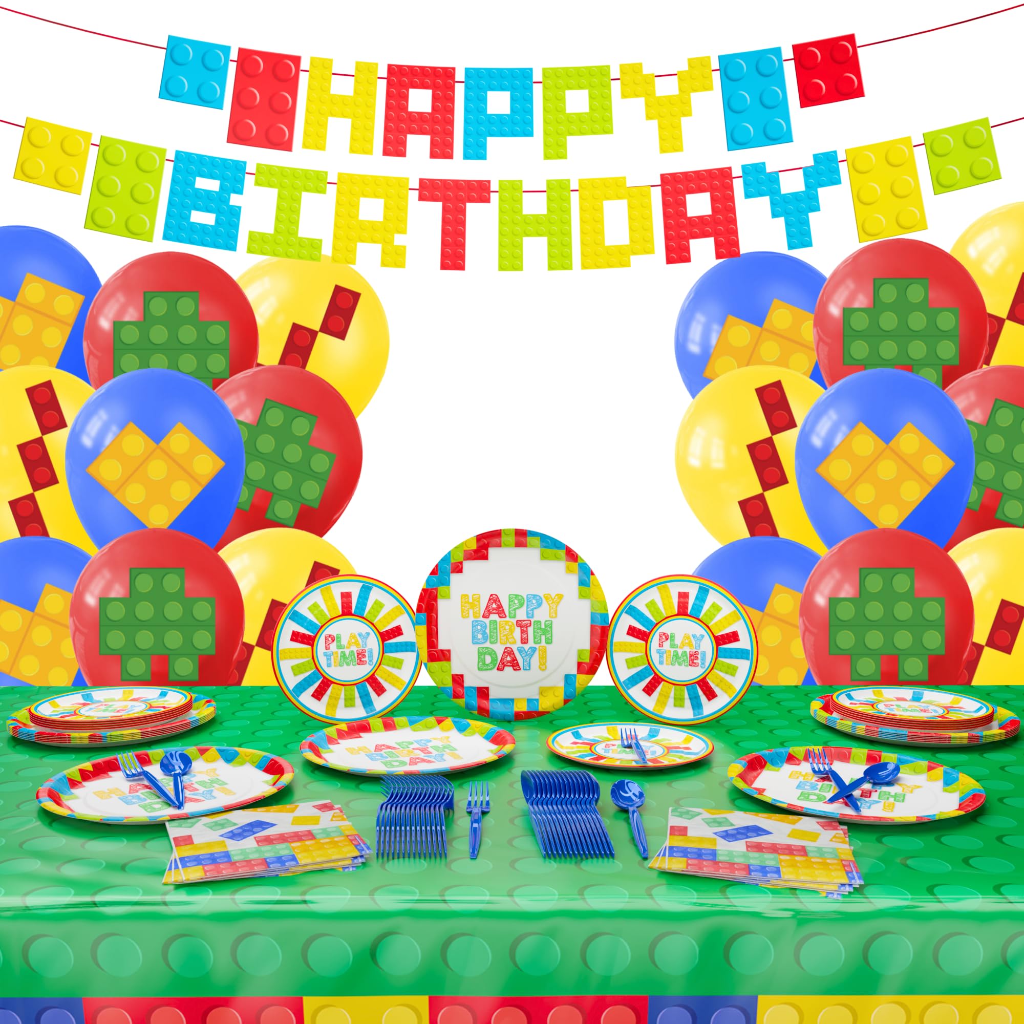 Building Block Deluxe Party Supplies Pack (137 Pieces for 16 Guests) - Brick Themed Party Decorations, Gamer Birthday Party Kit, Minecraft Inspired Blocks, Kids Construction Birthday Decor - Perfect for Lego Parties, Baby Showers & Classroom Activities
