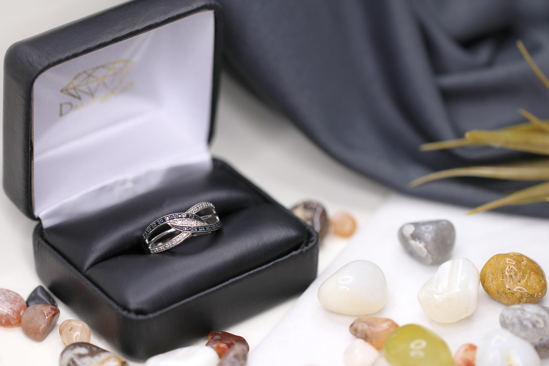 Dazzlingrock 0.20 Carat Blue & White Diamond Swirl Crossover Ring for Women - 925 Sterling Silver Wedding, Engagement & Anniversary Jewelry Gift