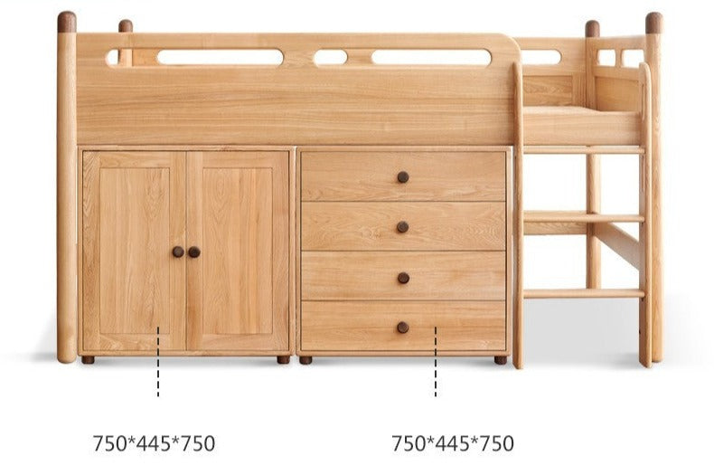 Solid Oak Wood Mid-High Bed with Slanted Ladder - Sturdy Adult Loft Bed for Small Spaces, Dorm Rooms & Modern Apartments
