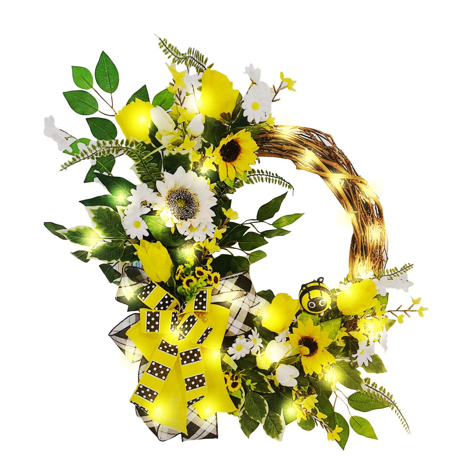 Fragarn LED Bee Sunflower Wreath - Spring Easter Wreath Decor with Artificial Garland & Simulation Leaves - Perfect for World Bee Day, Front Door Hanging, Porch Decor, and Seasonal Home Decoration (A115)