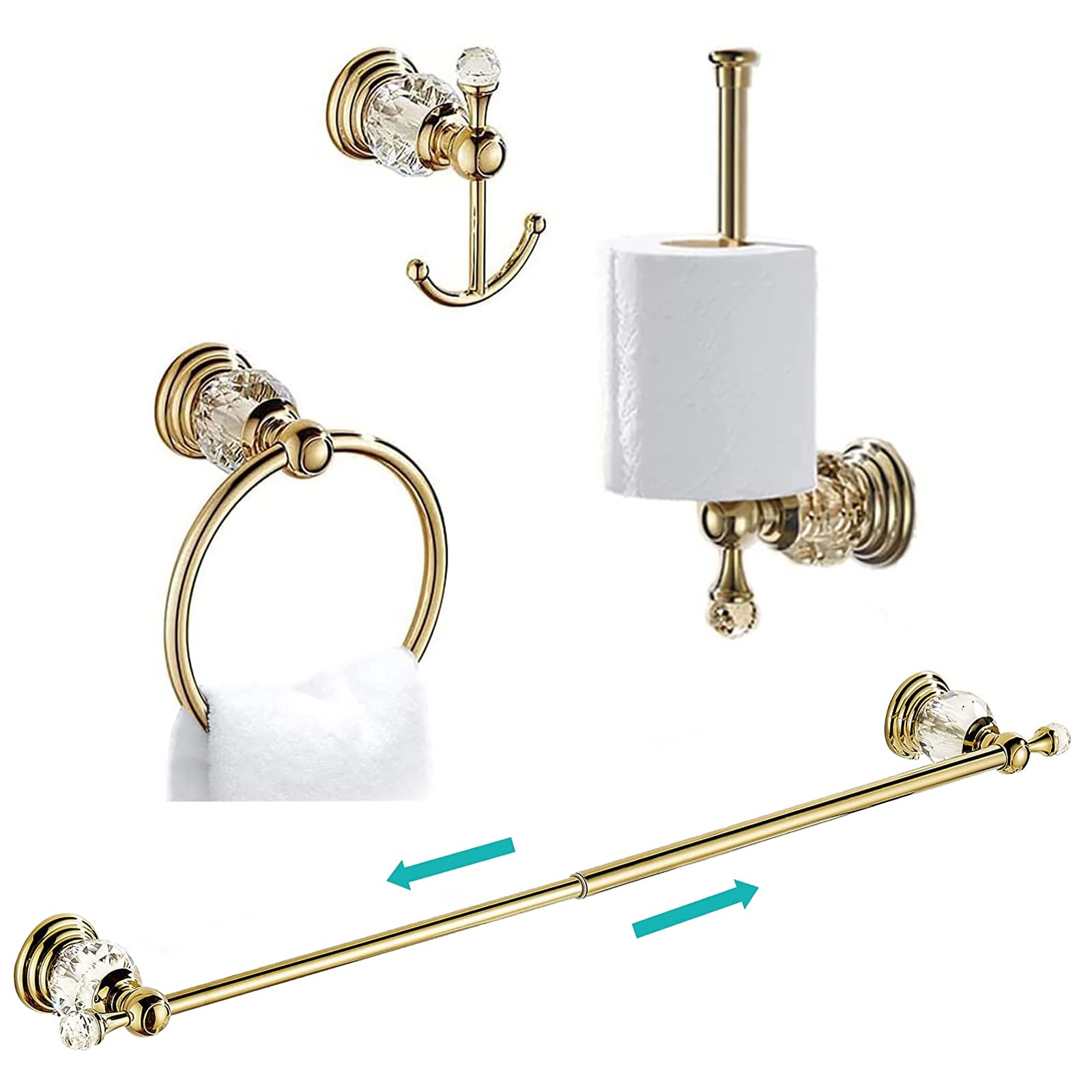 Leyden Crystal Bathroom Accessories Set - 4 Piece Gold Towel Bar, Toilet Paper Holder, Towel Ring & Coat Hooks with Crystal Ball Base | Elegant Wall Mounted Bathroom Hardware for Luxury Homes & Hotels | Perfect for Modern Bathroom Decor & Spa Style Upgrades