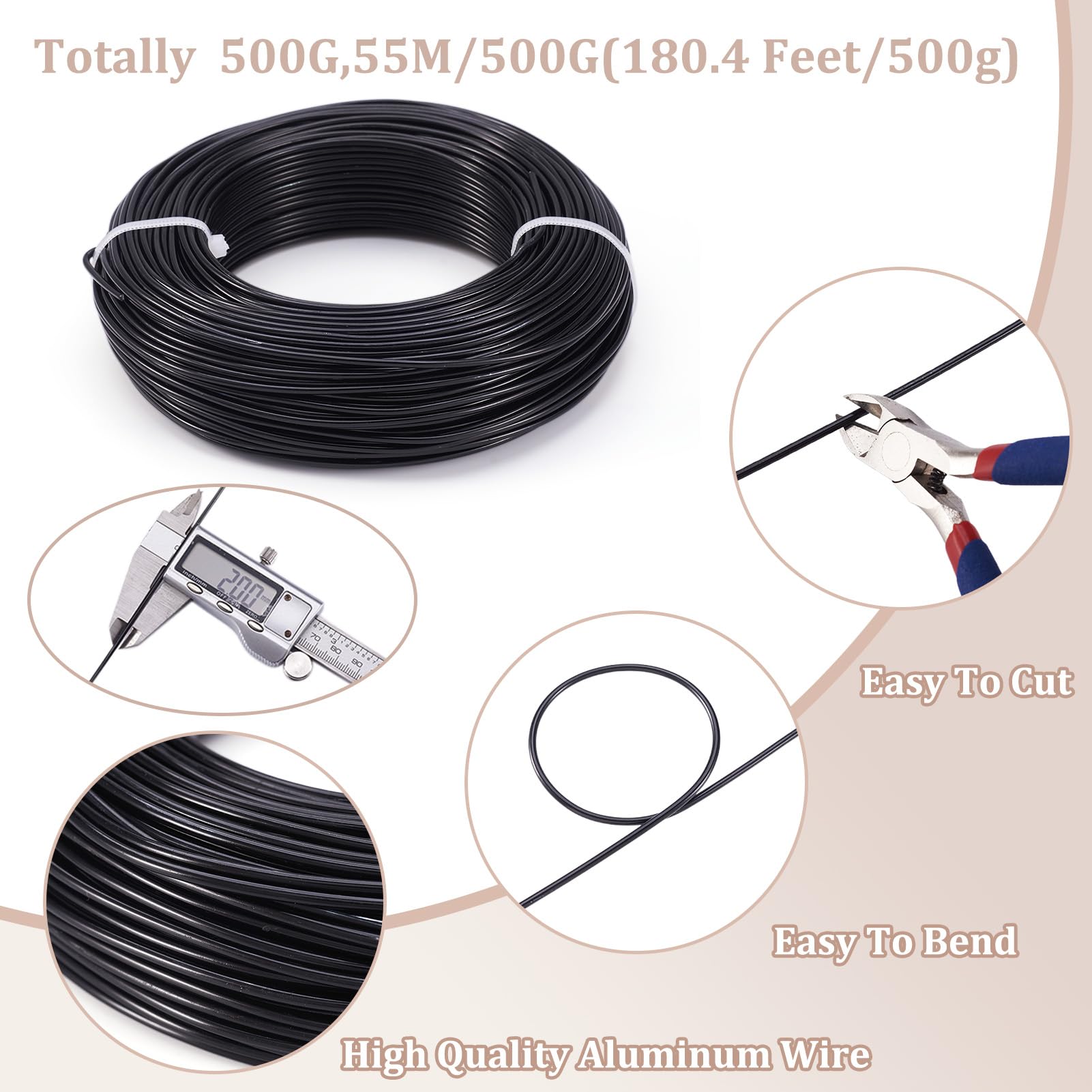 12 Gauge Black Aluminum Craft Wire - 180 Feet Bendable Jewelry Making Wire for Beading, DIY Metal Crafts | Perfect for Necklaces, Bracelets & Home Decor Projects