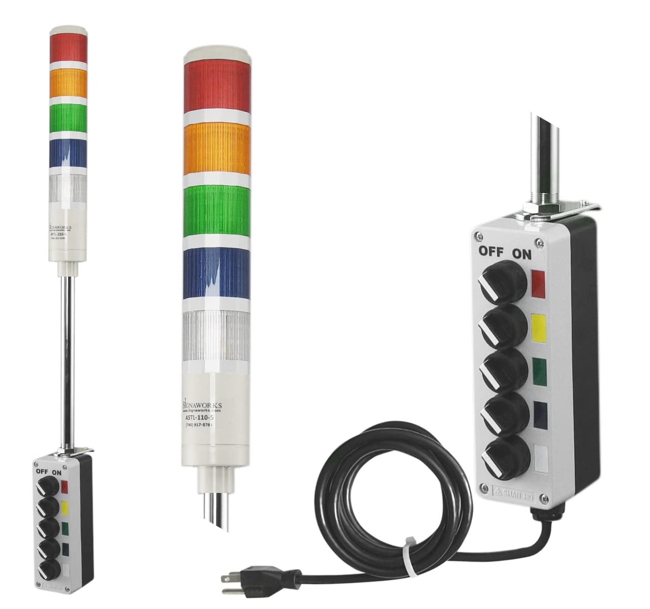 Signaworks 5 Stack Super Bright LED Andon Tower Light - Red/Amber/Green/Blue/White with 8ft Power Cord | OSHA Compliant, Plug & Play for Industrial Use | Perfect for Factory Floors, Warehouse Safety Alerts & Production Line Monitoring | Made in USA