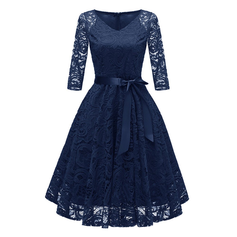 Women's Long Sleeve Vintage Cocktail Dress - Plus Size Formal Wedding Guest Dress for Fall, 70s Party & Christmas Events | Navy Blue Elegant Evening Wear