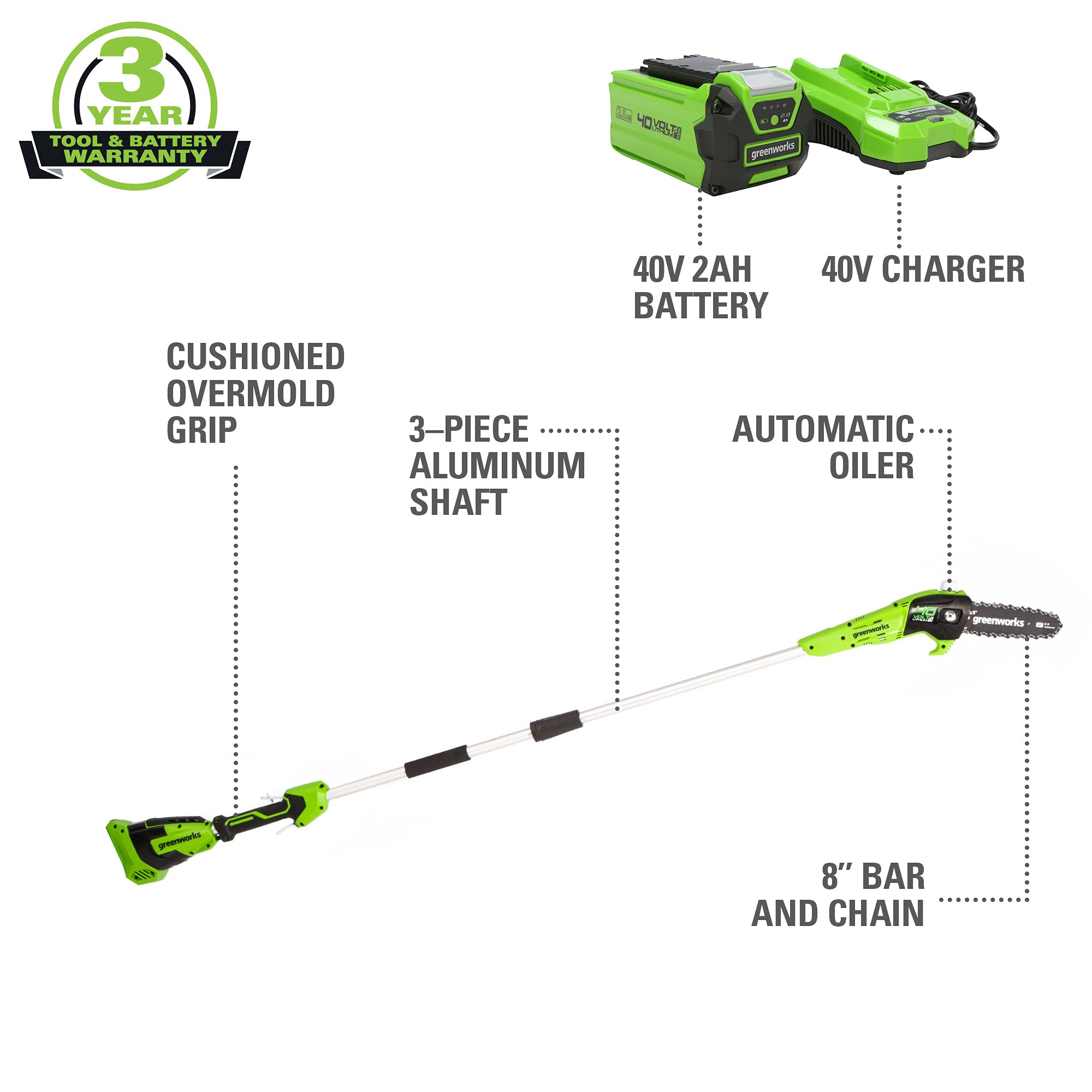 Greenworks 40V 8-Inch Cordless Polesaw with 2.0Ah Battery & Charger Included - Lightweight Tree Trimming Tool for Home Garden & Yard Maintenance (Model PS40B210)