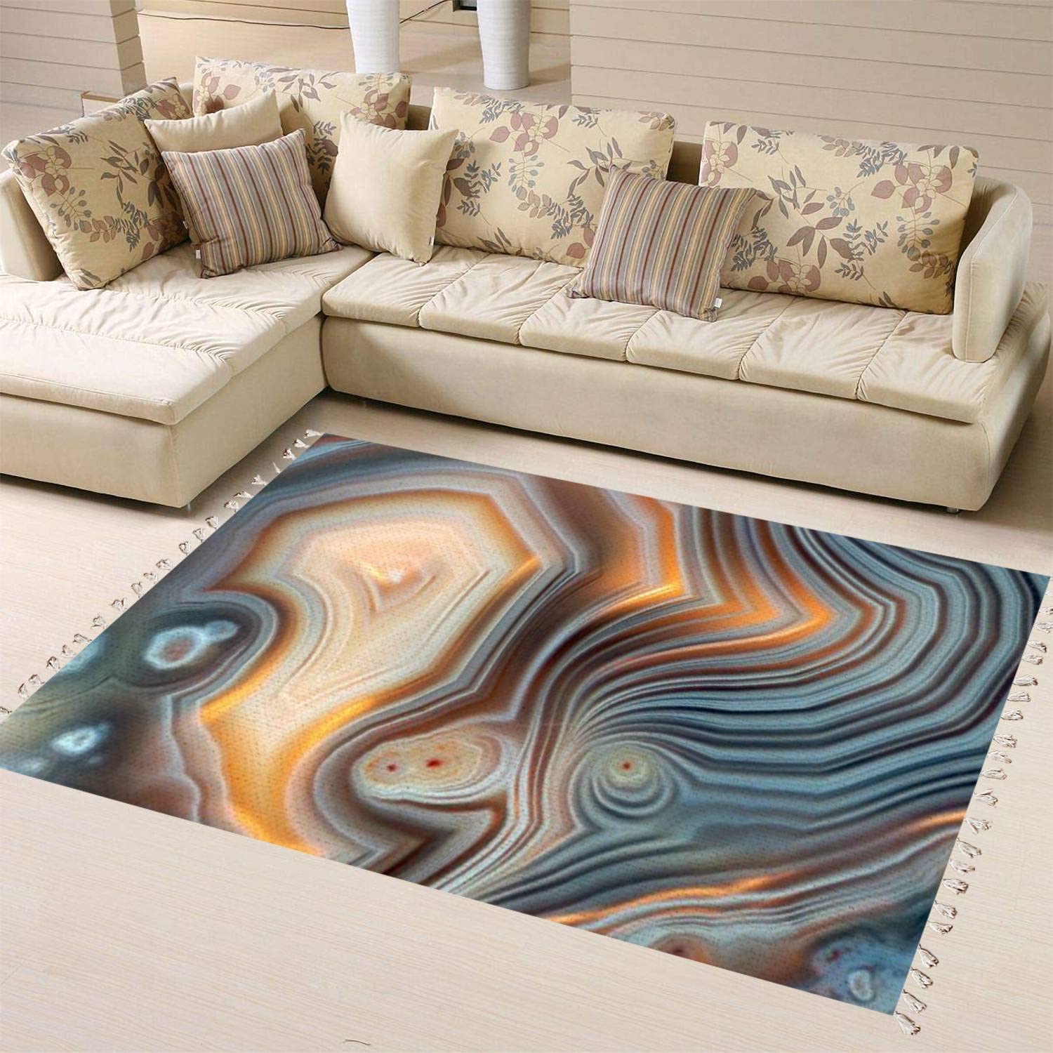 Boho Rug with Banded Agate & Multi-Layer Crystals - Linen Area Rug for Patio, Hallway Runner, Living Room & Bedroom - Minimalist Home Decor for Indoor & Outdoor Use
