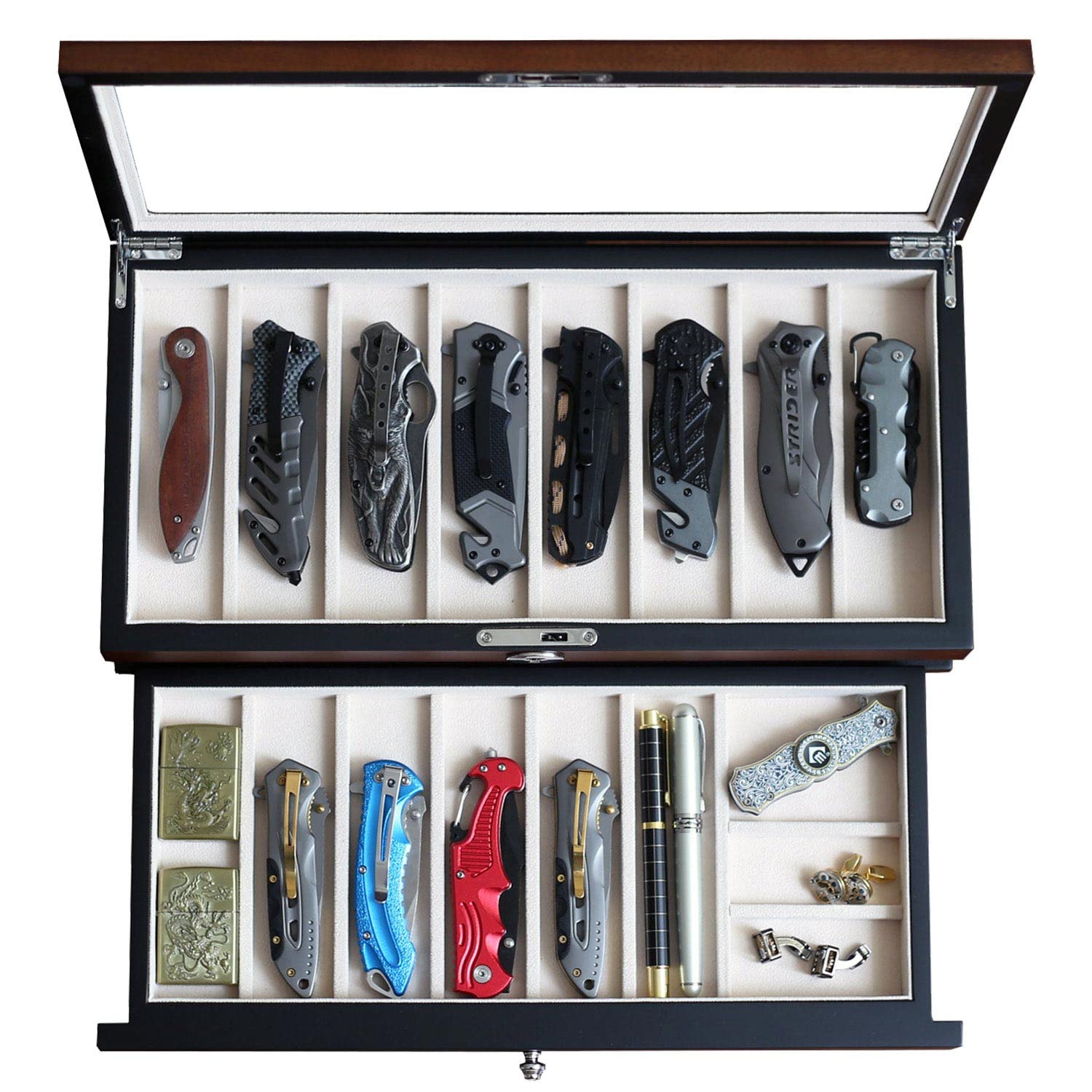 Premium Walnut Folding Knife Display Case - 2-Tier Organizer with Real Glass Top for 15-17 Pocket Knives | Collector's Storage Box with Drawer | Perfect for Men's Knife Collections, Home Office & Hunting Cabin Decor