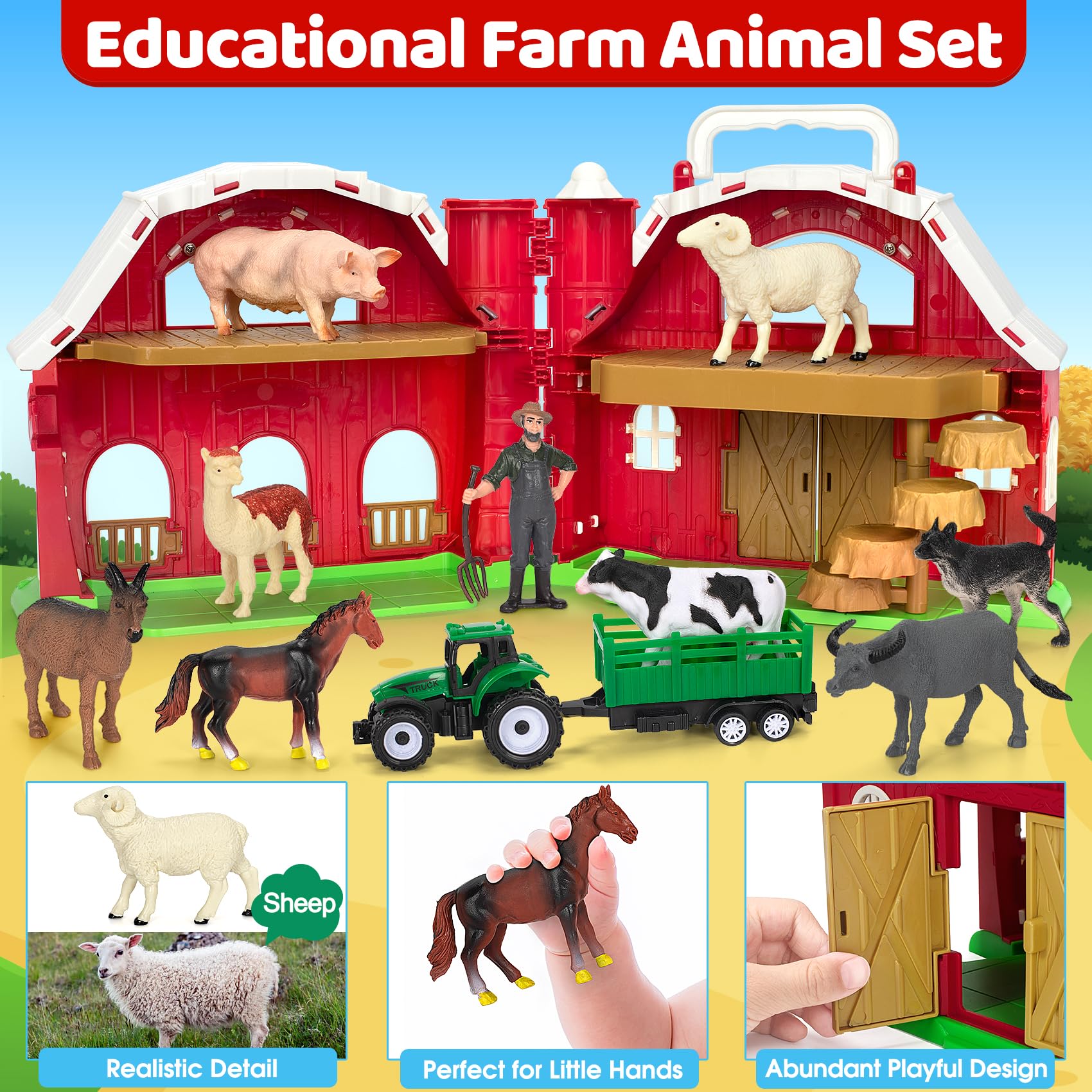 Farm Animals Toys for 1-5 Year Old Kids - Big Red Barn Playset with Animal Figures & Tractor - Educational Learning Toys for Toddlers Boys & Girls - Perfect for Christmas, Birthday & Easter Gifts - Great for Preschool Learning, Imaginative Play & Farm-Themed Parties