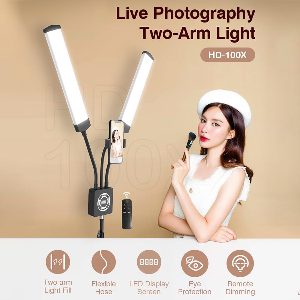 Camnoon 40W Dual-Arm LED Ring Light with Tripod Stand & Remote - Adjustable 3200K-5600K Color Temperature, 196 Beads, Rotatable Design for Photography, YouTube Videos, TikTok Live, Makeup Application, Nail Art & Tattoo Studio Lighting