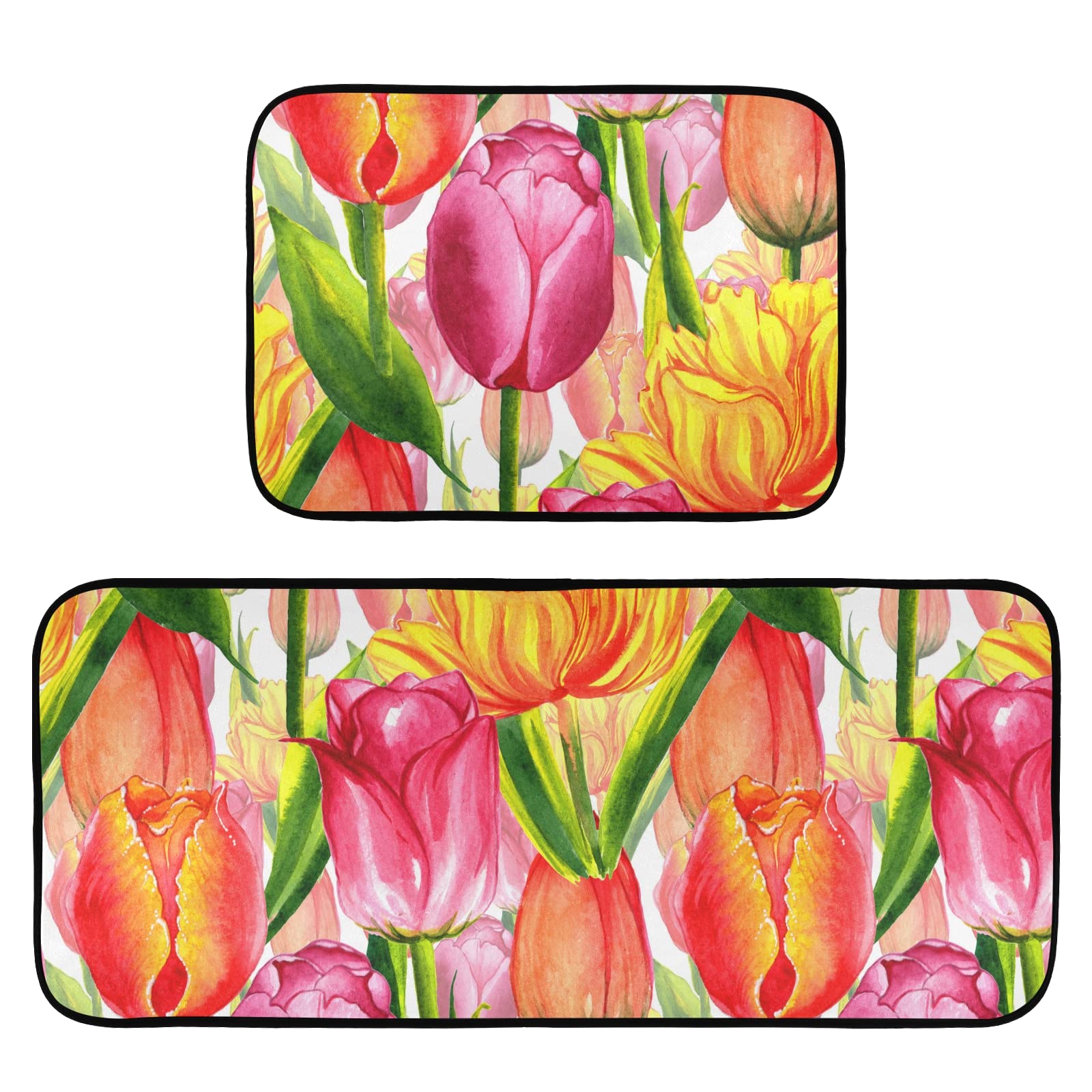 Tulip Watercolor Kitchen Mat Set - Anti-Fatigue, Non-Slip for Farmhouse & Laundry