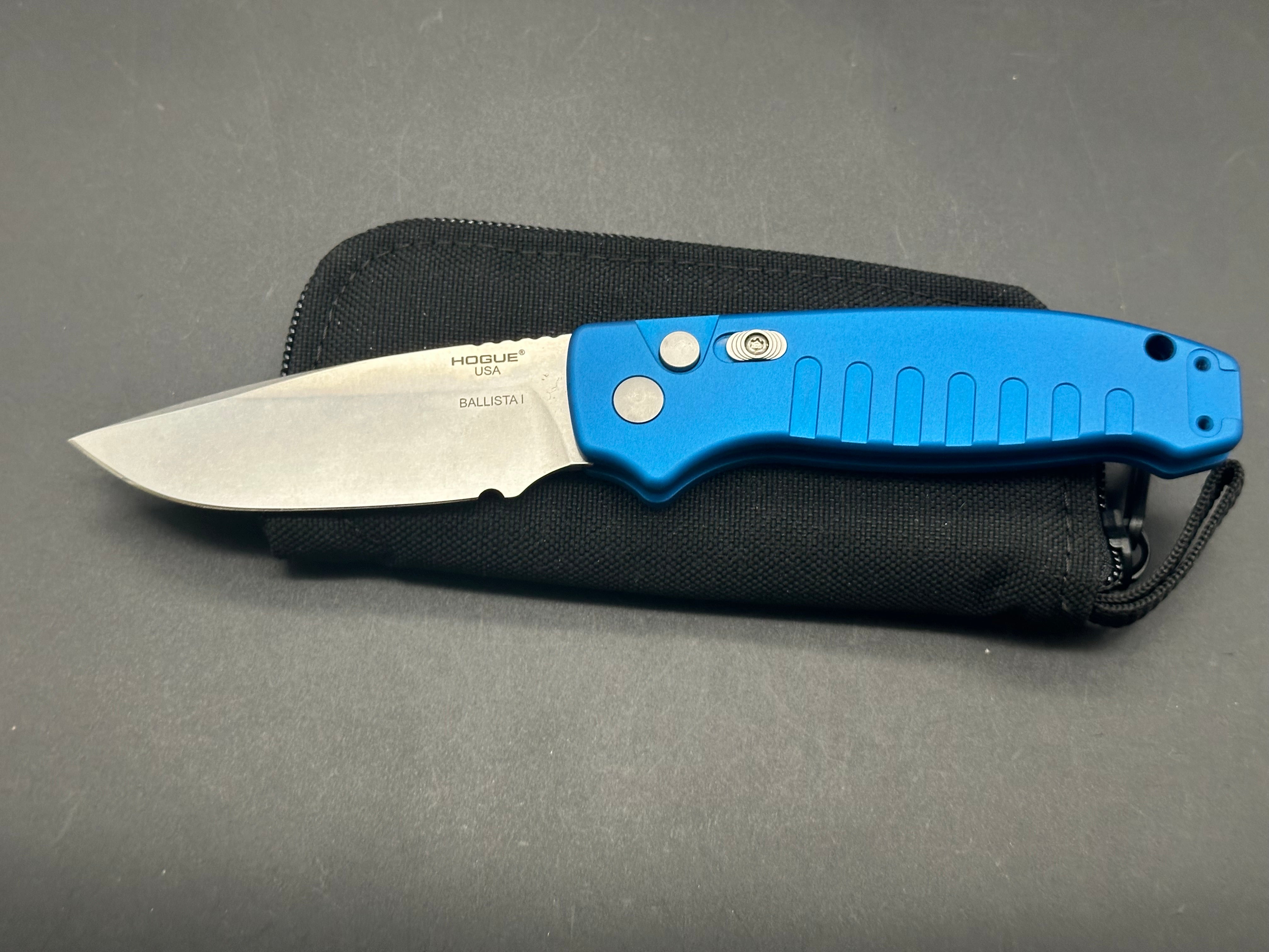 Hogue Ballista Drop Point Automatic Knife - Matte Blue Finish - Tactical EDC Knife for Outdoor, Camping & Survival Use