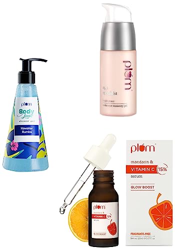 Plum Bright Years Under-Eye Recovery Gel | 15% Vitamin C Face Serum | Hawaiian Rumba Shower Gel - Dark Circle Treatment, Skin Brightening & Hydrating Body Wash - Perfect for Night Routine, Skincare Regimen & Refreshing Morning Shower