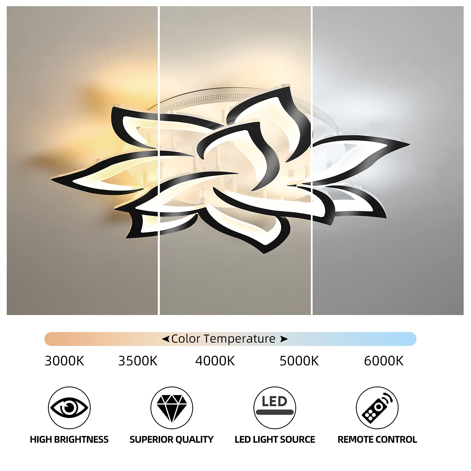 Modern LED Ceiling Light Fixture - Dimmable Flush Mount Flower Chandelier with Black Petals, 72W Energy Saving Lighting for Bedroom, Living Room & Dining Room | Elegant Home Decor & Ambient Lighting Solution