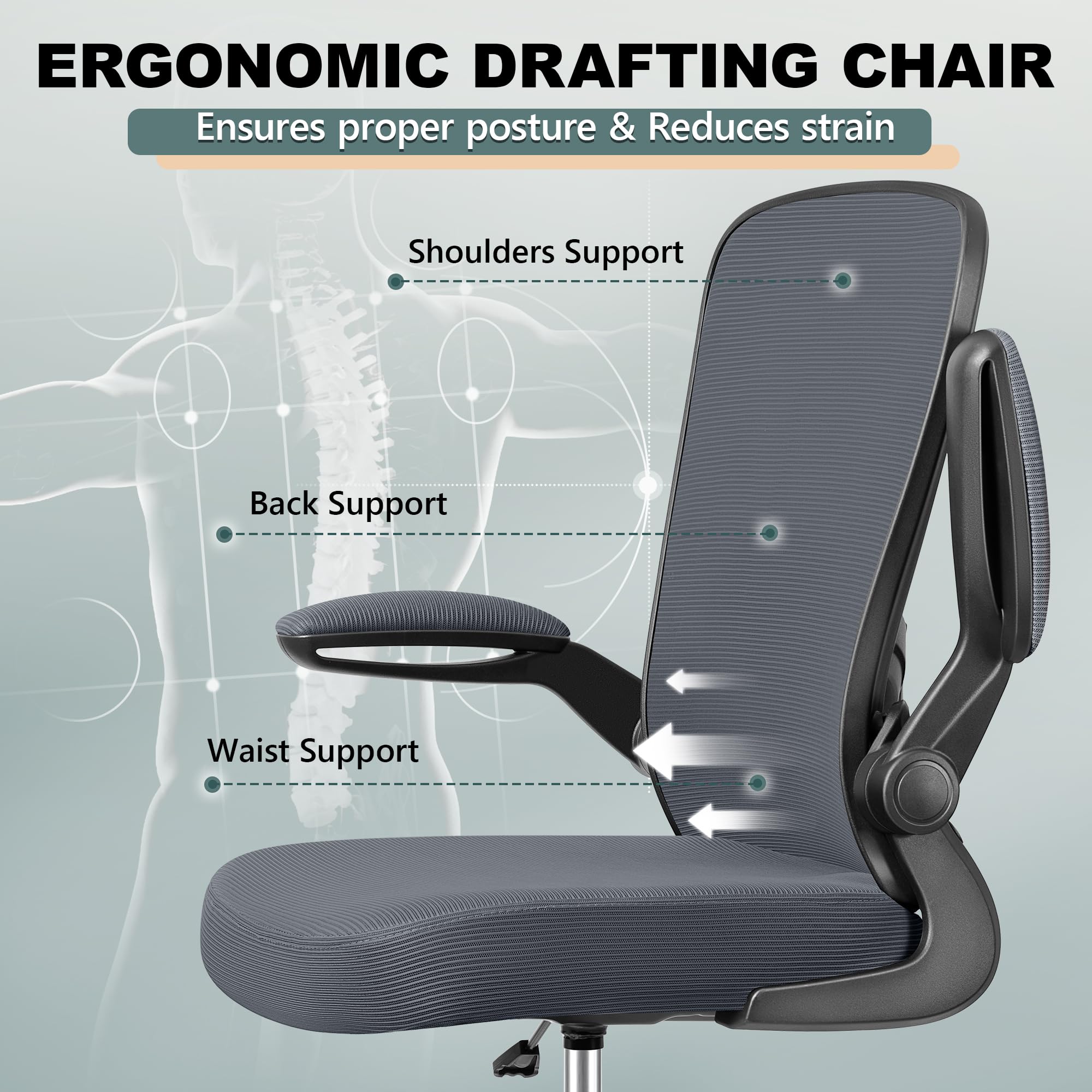 FelixKing Ergonomic Drafting Chair - Adjustable Height Mesh Office Chair with Lumbar Support, Flip-Up Armrests & Footrest - Comfortable High Back Computer Task Chair for Home Office, Studio & Drafting Table Use