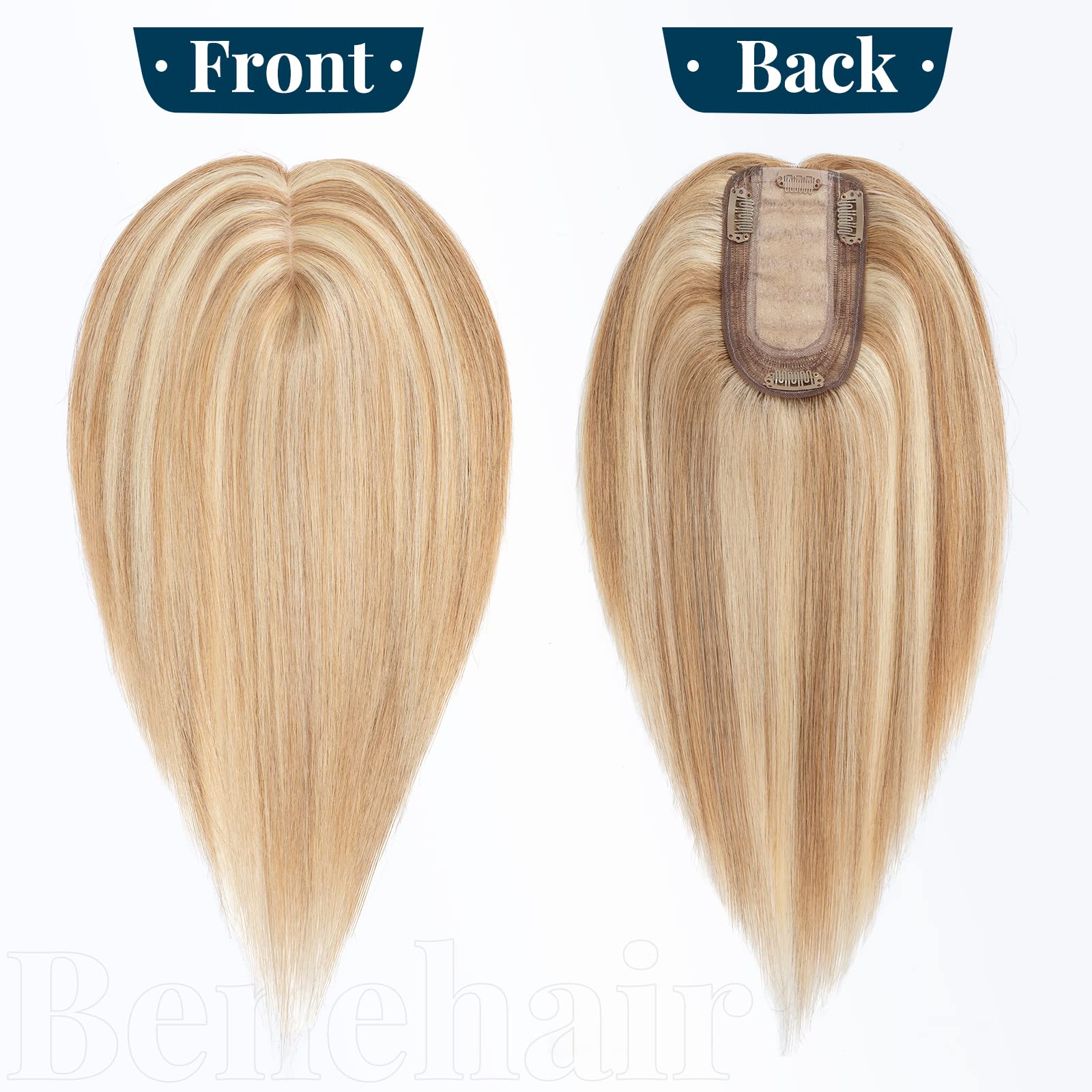 Benehair Remy Human Hair Topper with Silk Base - 12 Inch 38 Gram Clip-In Hair Topper for Women (Golden Brown & Bleach Blonde) - Natural Looking Hair Replacement for Thinning Hair, Daily Wear & Special Occasions