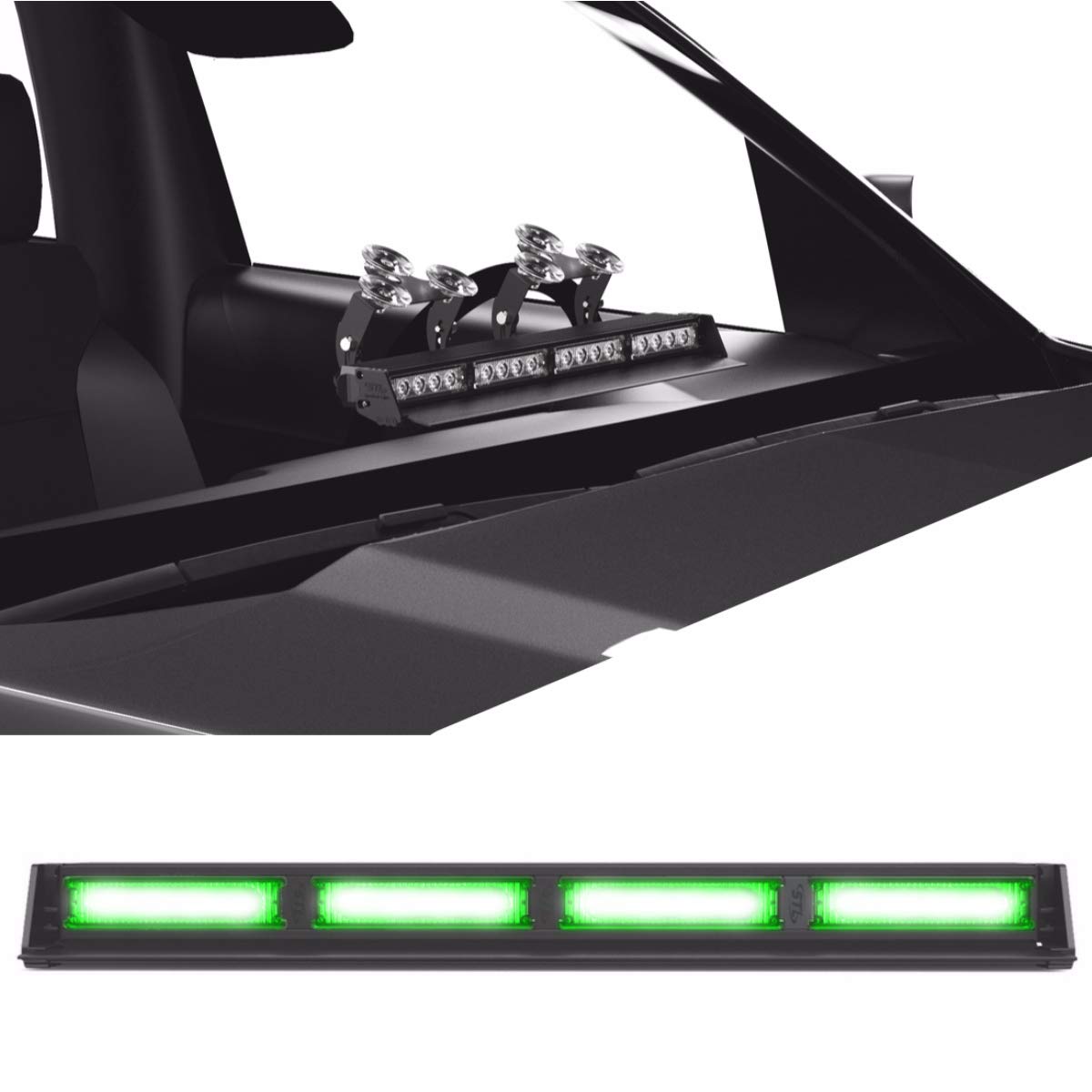 SpeedTech Lights Striker TIR 4-Head High Intensity LED Strobe Light Bar - Emergency Vehicle Warning Light with Windshield & Dash Mount, Cigarette Lighter Plug (Green/Green) - Perfect for Police Cars, Tow Trucks & Roadside Safety