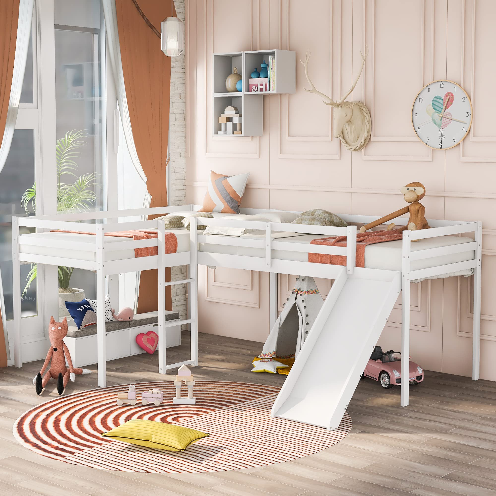 L-Shaped Twin Loft Bed with Slide - White Wooden Loft Bed Frame for Kids & Teens - No Box Spring Needed - Perfect for Small Rooms, Play Areas & Sleepovers