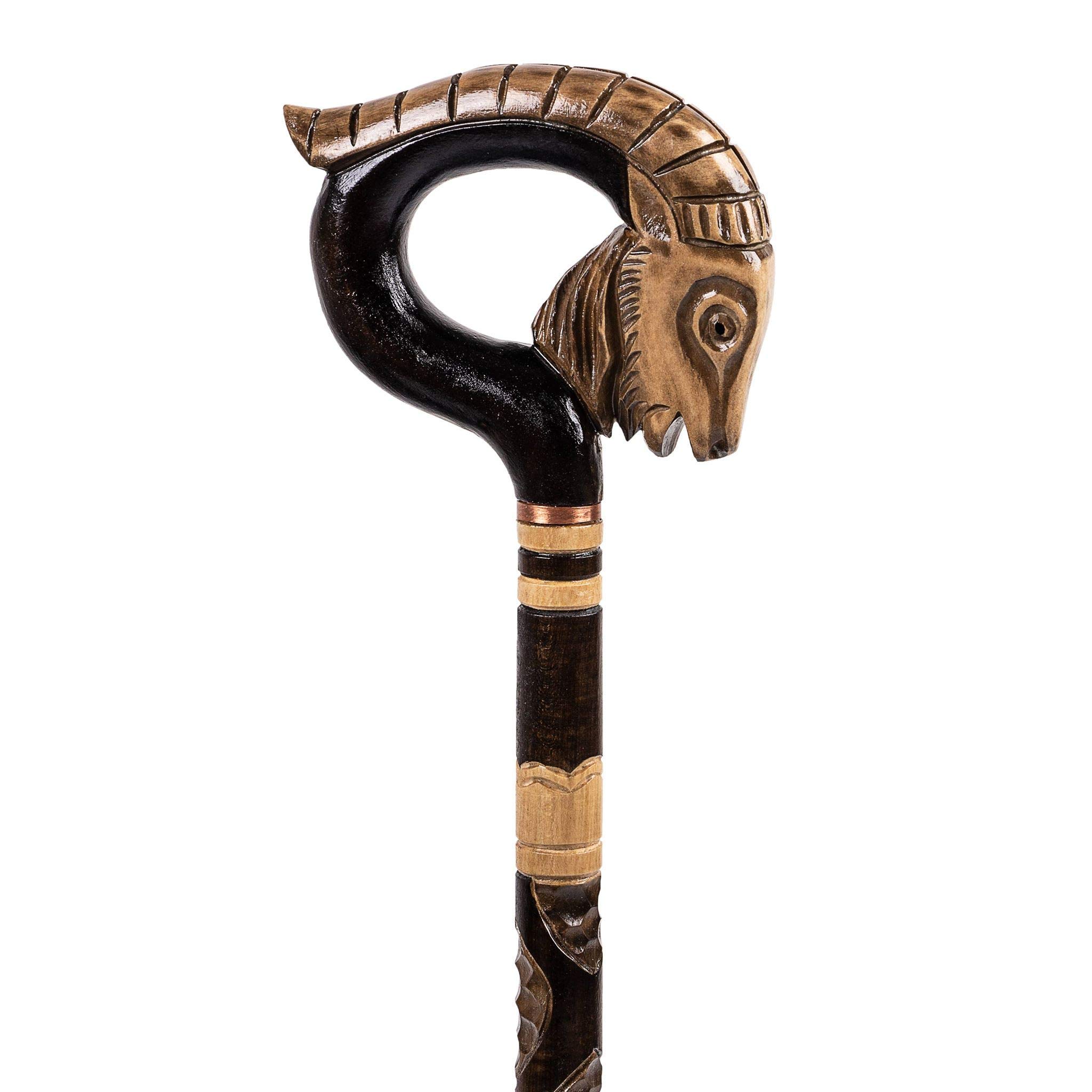Hand Carved African Goat Wooden Walking Cane - Unique Horn Design Handmade Cane Stick - Perfect Gift for Hikers, Collectors & African Art Enthusiasts - Ideal for Outdoor Adventures, Home Decor & Cultural Displays