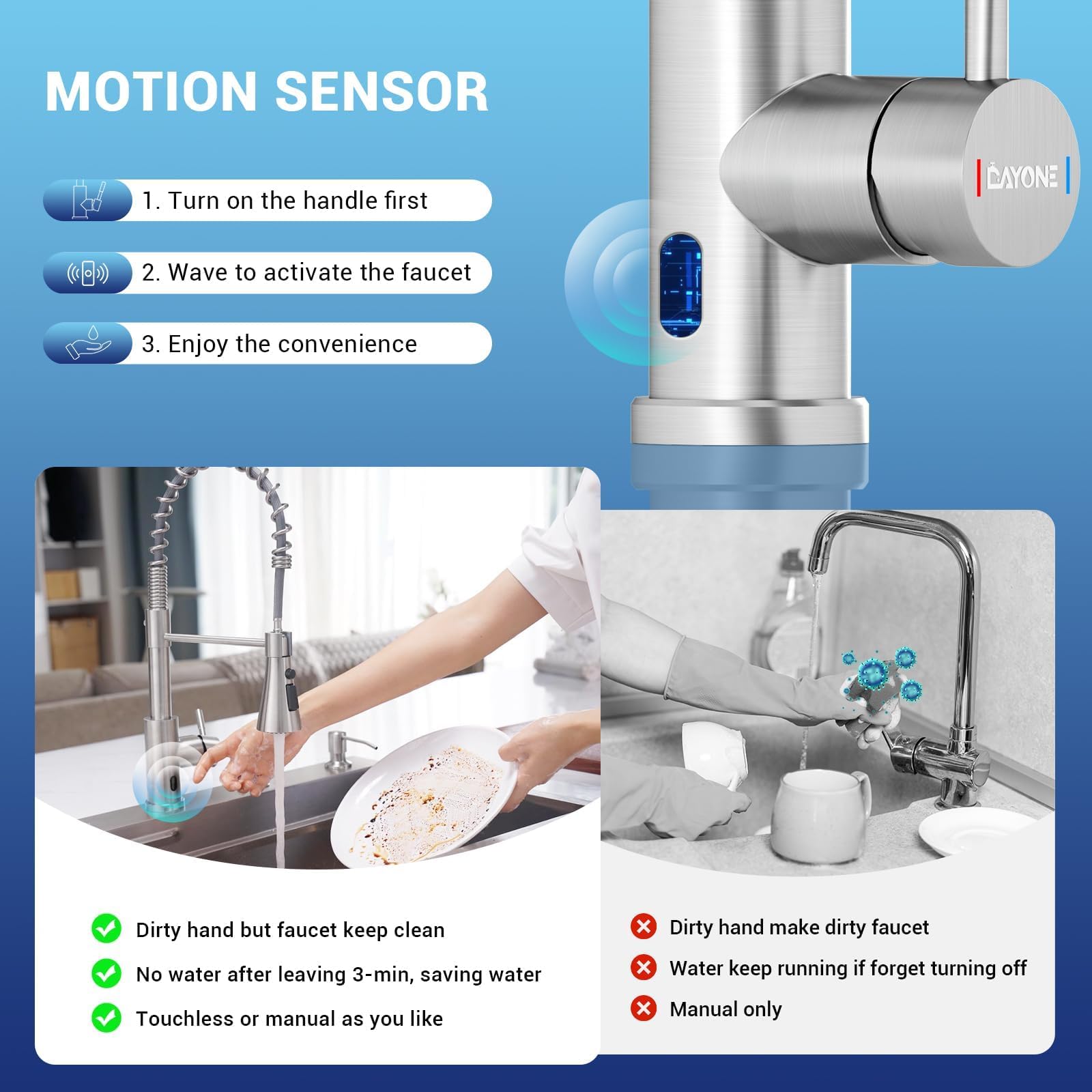 DAYONE Touchless Kitchen Sink Faucet with Pull Down Sprayer & Soap Dispenser - Stainless Steel Motion Sensor Hands-Free Faucet, Brushed Nickel Finish - Perfect for Hygienic Cooking, Dishwashing & Smart Home Kitchen Upgrade