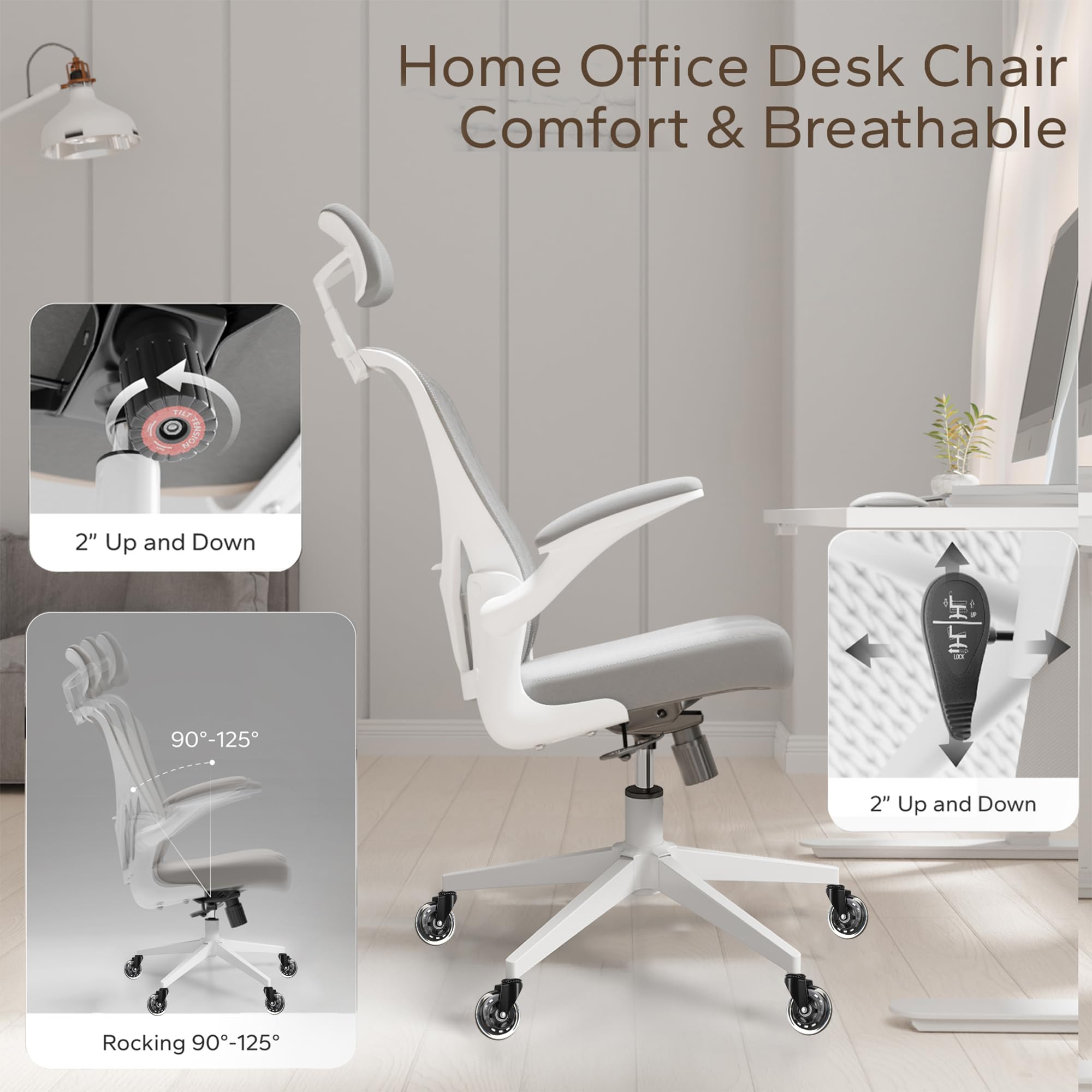 Ergonomic Office Chair with Lumbar Support & Adjustable Armrests - Rolling Desk Chair for Home Office - Comfortable Computer Chair for Work & Study (Gray) - Perfect for Remote Work, Gaming & Long Study Sessions