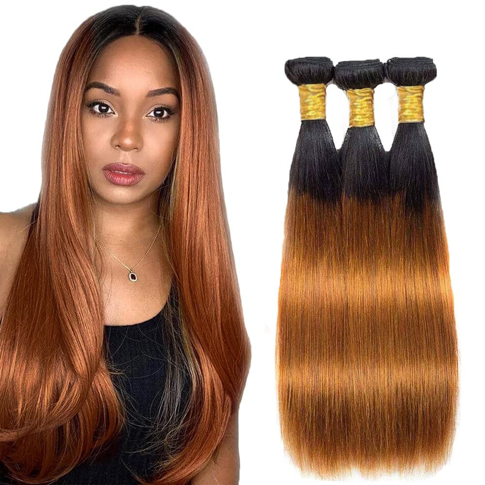 Ombre Human Hair Bundles 1B/30 - Two Tone Virgin Unprocessed Hair Weave for Black Women - 3 Bundles Brown Color (26 28 30 Inch) - Perfect for Natural Hairstyles, Weaves & Extensions