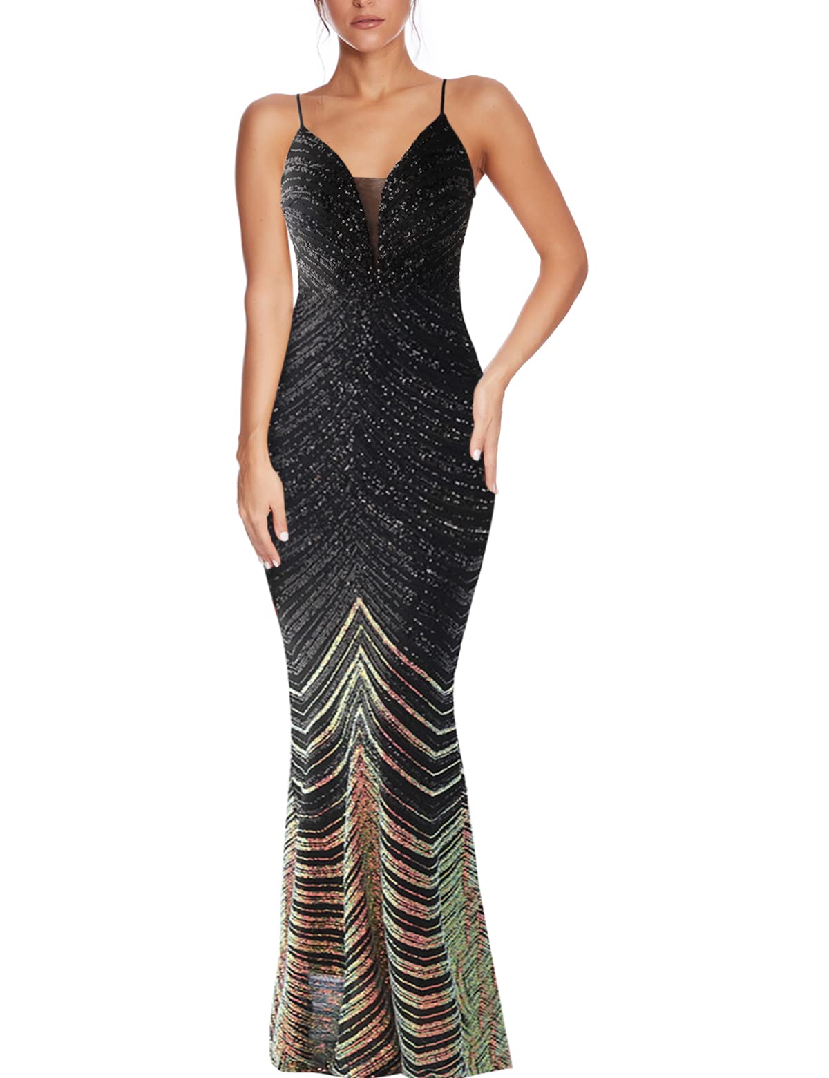 Madam Uniq Women's Sequin V-Neck Long Formal Dress Sleeveless Flapper Dress 1920s Prom Party Gown - Perfect for Gatsby Themed Parties, Roaring 20s Events & Vintage Evening Occasions