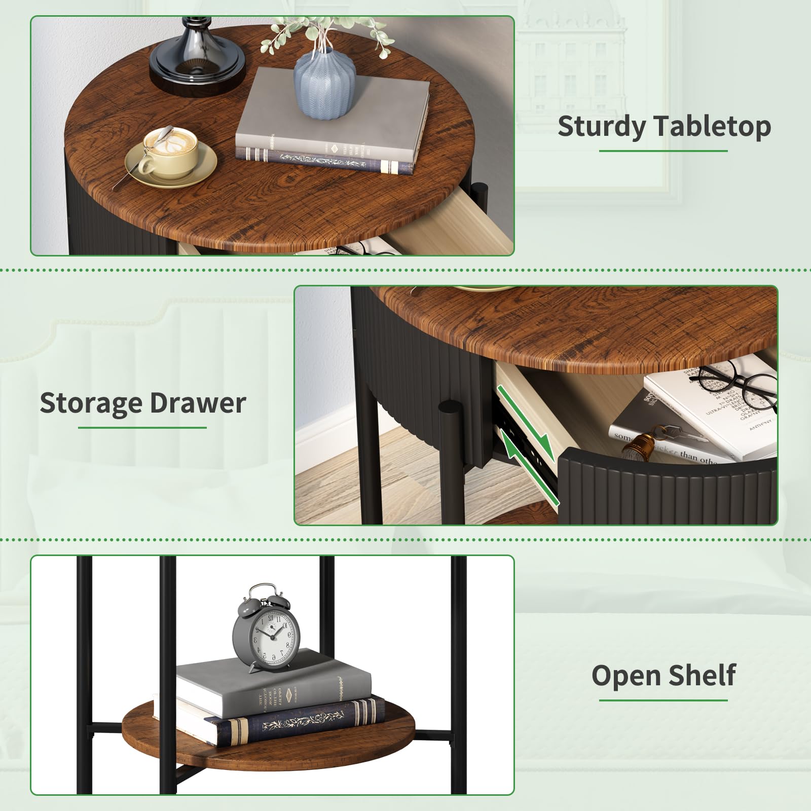 Modern Industrial Side Table with Drawer & 2-Tier Shelf - Wood Grain Nightstand with Storage for Living Room, Bedroom, Office & Dorm - Perfect for Small Spaces & Apartment Living (Black)