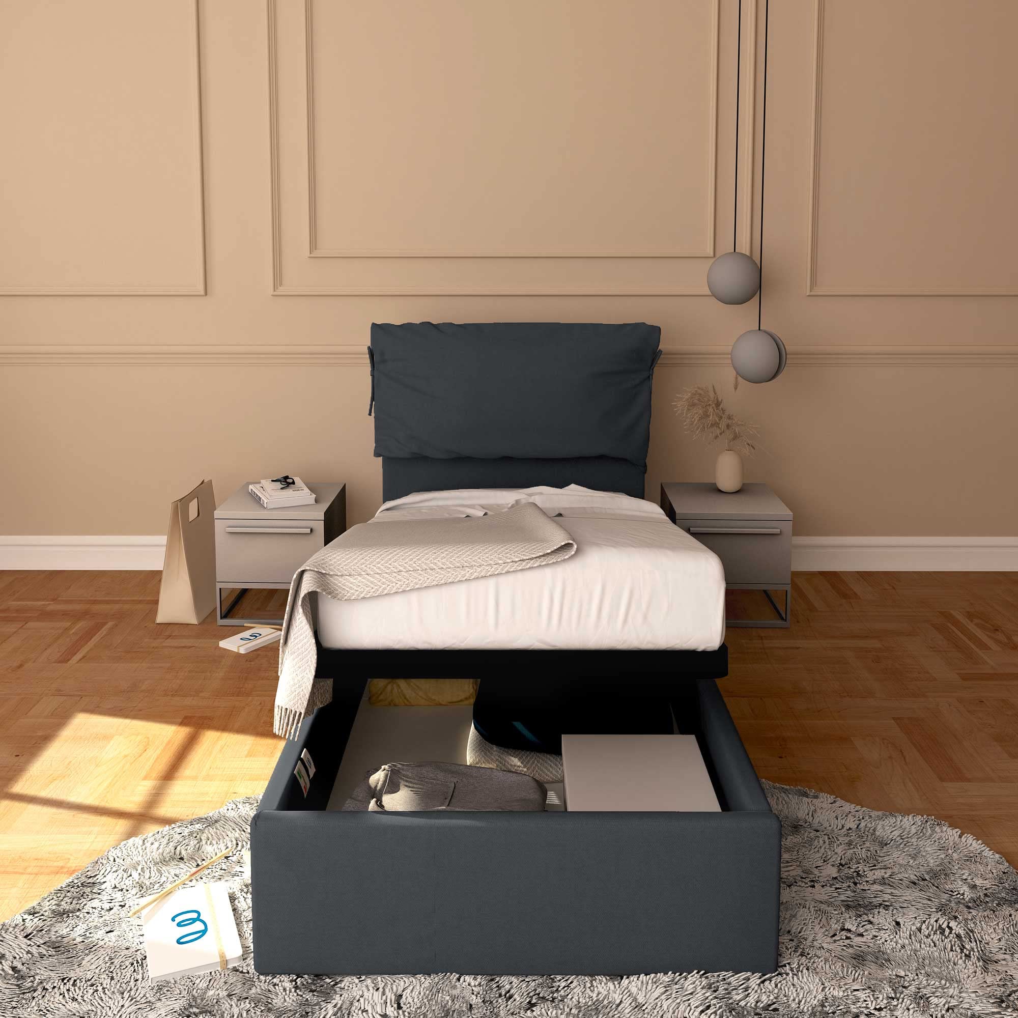 Baldiflex Single Bed with Storage - Licia Soft Synthetic Leather Upholstery, Slatted Base for Single Mattress, 90 x 200 cm, Padded Headboard, Dark Gray - Perfect for Small Bedrooms, Guest Rooms & Studio Apartments