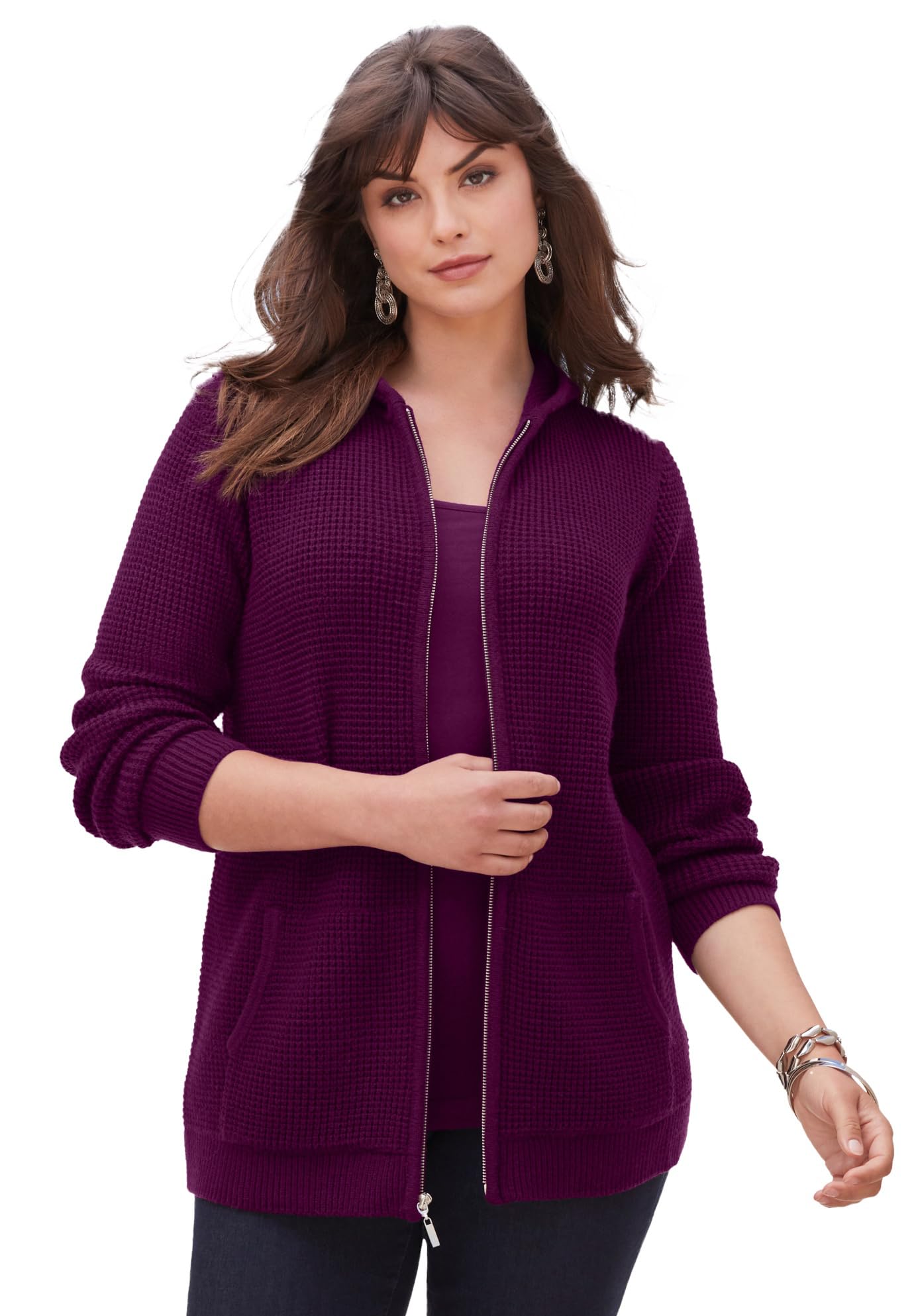 Roaman's Women's Plus Size Thermal Waffle Hoodie Zip Up Sweater - Cozy Winter Wear for Cold Weather & Outdoor Activities