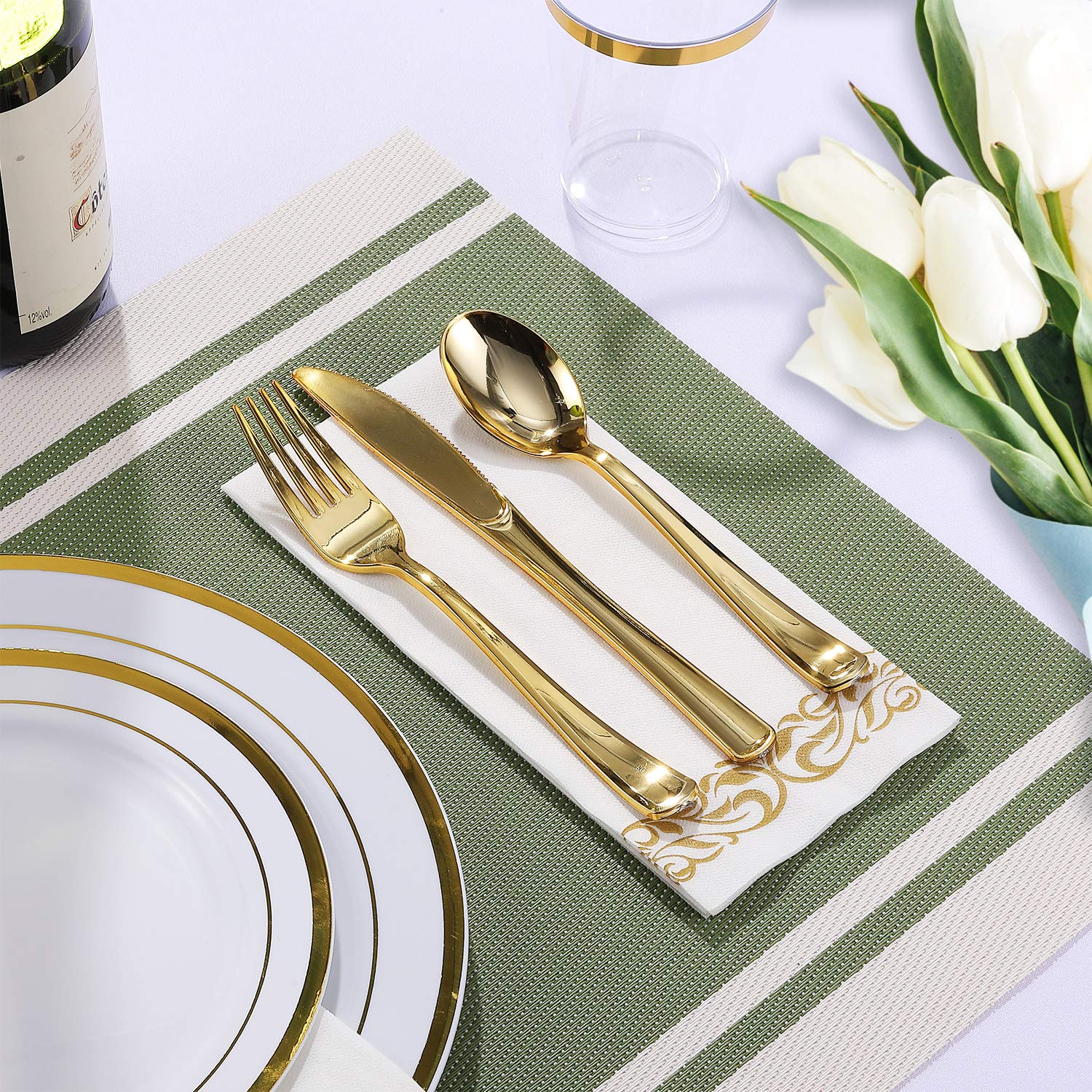 Premium 175-Piece Gold Trimmed Disposable Dinnerware Set for 25 Guests - Elegant White Plastic Plates with Gold Rim, Includes 25 Dinner Plates, 25 Dessert Plates, 25 Silverware Sets, 25 Cups & 25 Napkins - Perfect for Weddings, Parties, Catering & Special Events
