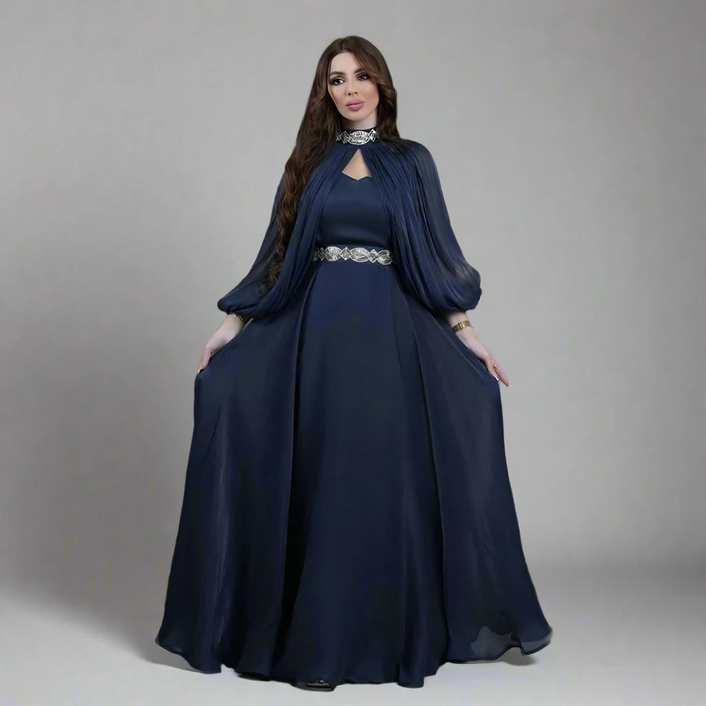 2 Pieces Hotfix Rhinestone Satin Abaya Dress with Inner Sleeveless Slip Dress - Elegant Islamic Women's Prayer Dress for Eid, Wedding & Special Occasions