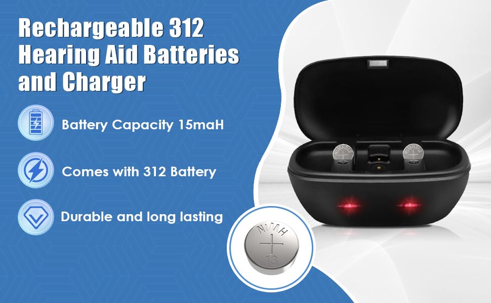 Wokyo Rechargeable 312 Hearing Aid Batteries with Charger & Travel Case - 2 Pack 312 Button Batteries for Hearing Amplifiers | Portable Charging Solution for Travel, Home & Daily Use