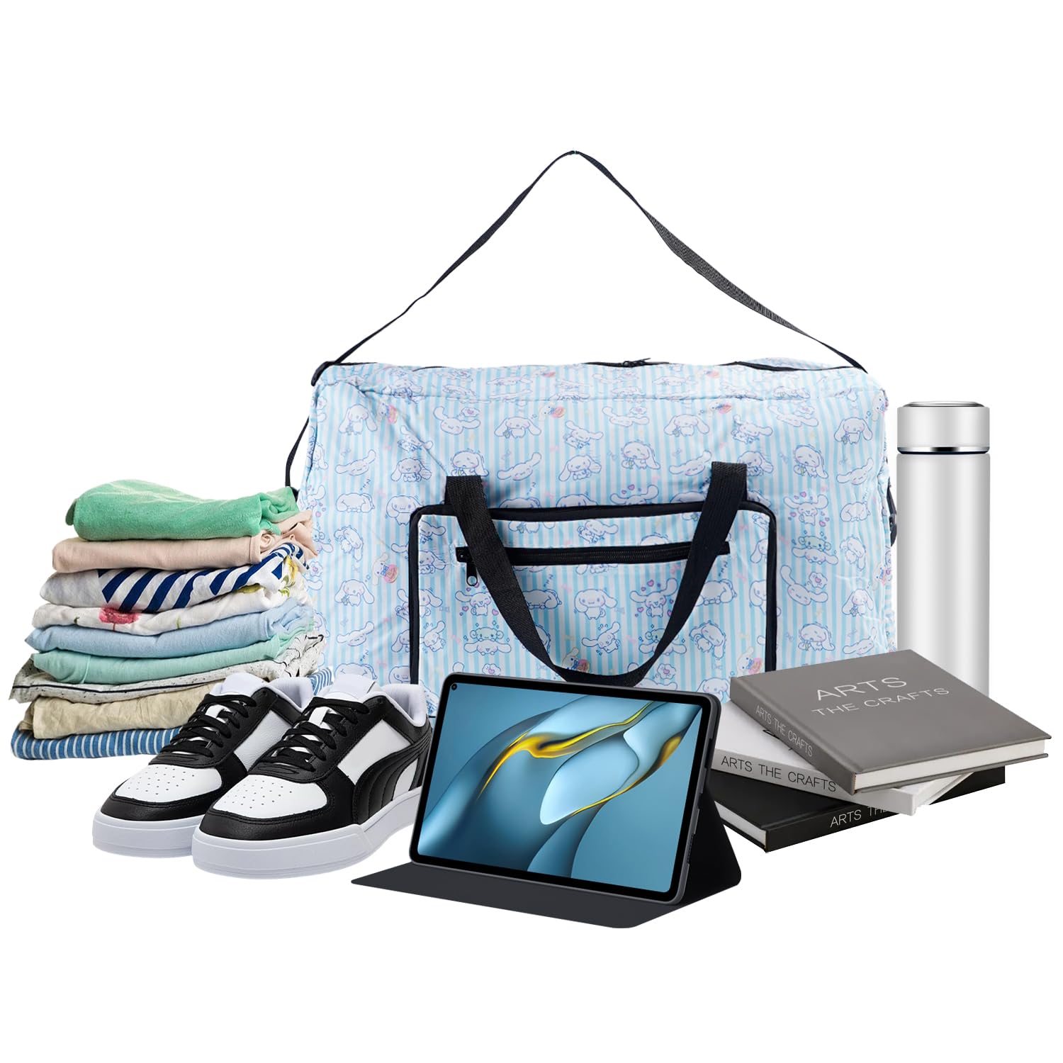 Anime Travel Tote Bags for Women - Foldable Lightweight Overnight Duffel Bag with Trolley Sleeve - Perfect for Gym, Work & Weekend Getaways (Blue Cartoon Design)