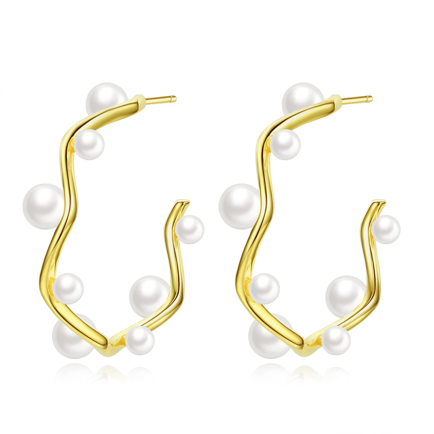 925 Sterling Silver Gold Plated Pearl Spiral Hoop Earrings - Elegant Pull Through Stud Earrings for Women & Girls | Perfect for Weddings, Parties & Everyday Wear