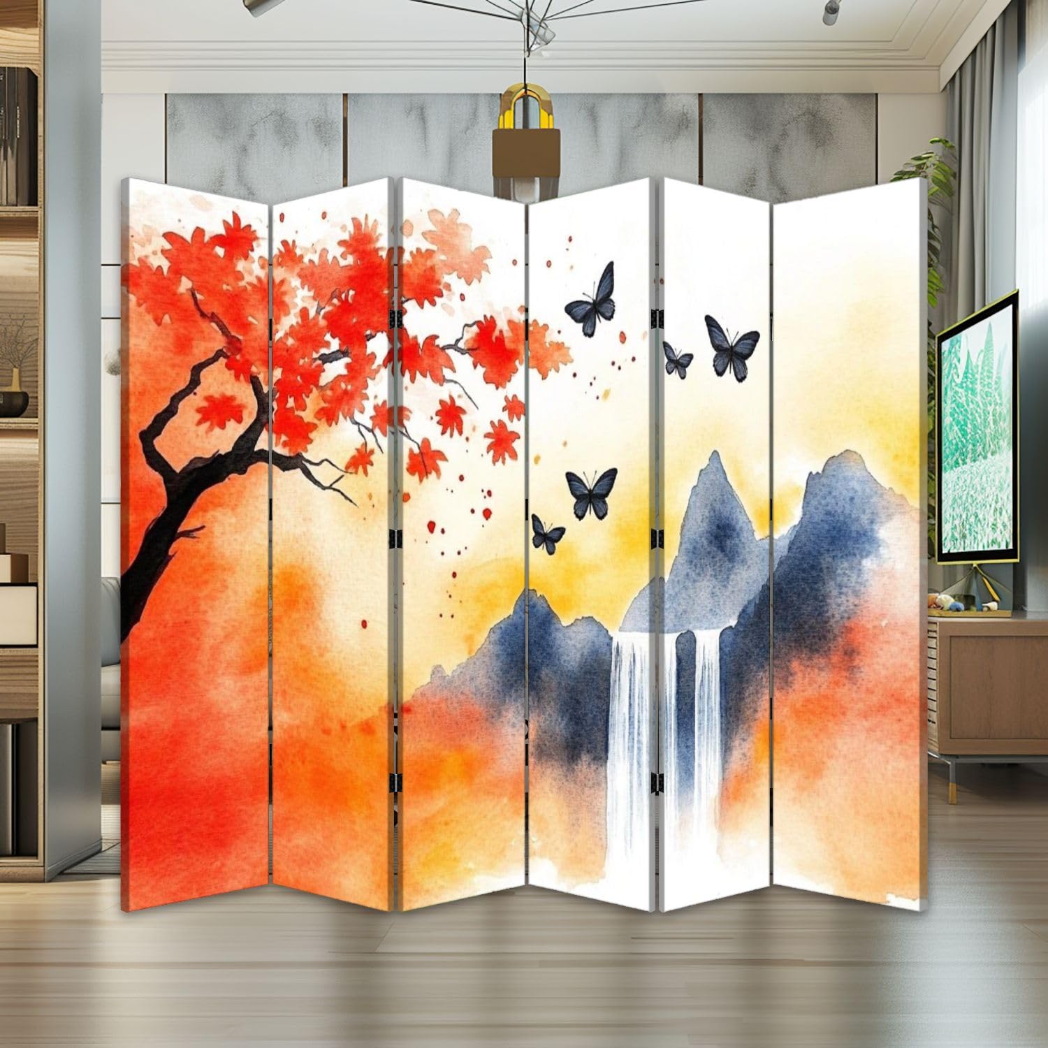 6-Panel Folding Room Divider - Forest Waterfall & Tropical Tree Nature Scenery Canvas Screen | Freestanding Privacy Partition for Bedroom, Office & Living Room | Indoor Space Separator & Decorative Protective Wall