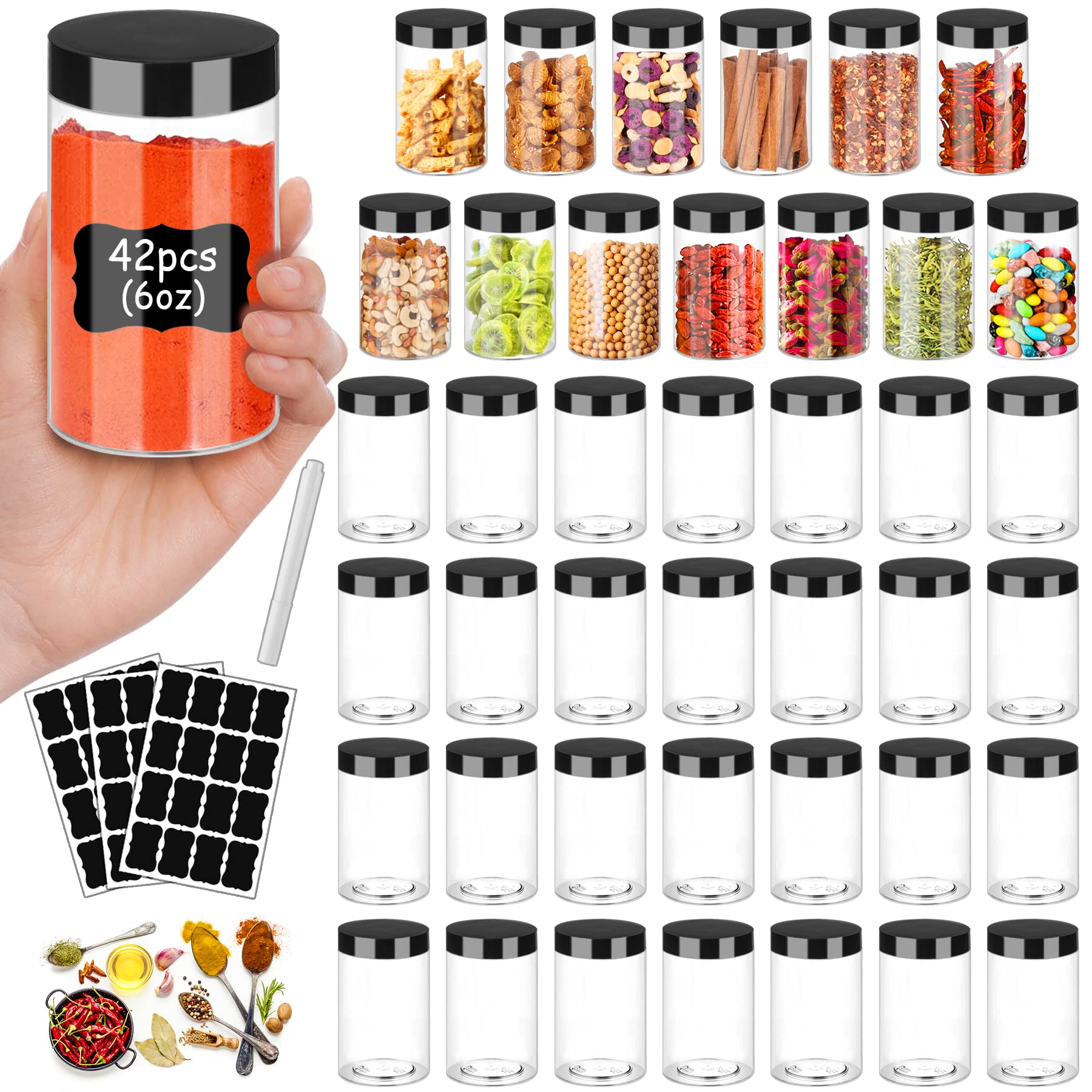 42-Pack 6oz Clear Plastic Jars with Black Lids - Small Round PET Containers for Slime, Cosmetics, Food Storage, Spices & Body Butter | Includes Pen Labels | Perfect for Kitchen, DIY Crafts & Gift Packaging