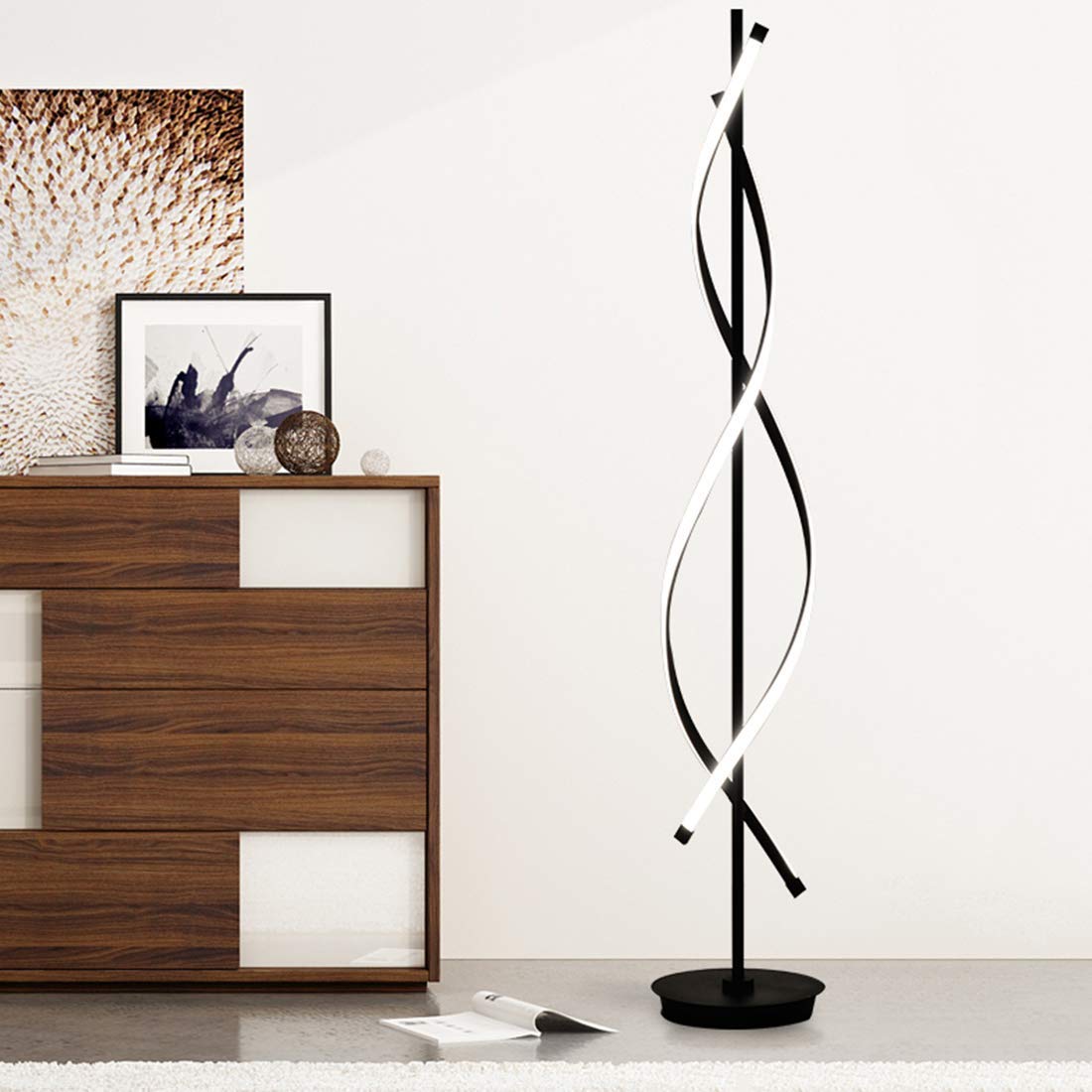 ADISUN 40W LED Modern Spiral Floor Lamp with Remote Control - Dimmable Tall Standing Light for Living Room, Bedroom, Office - Black Indoor Lighting for Home Decor & Reading