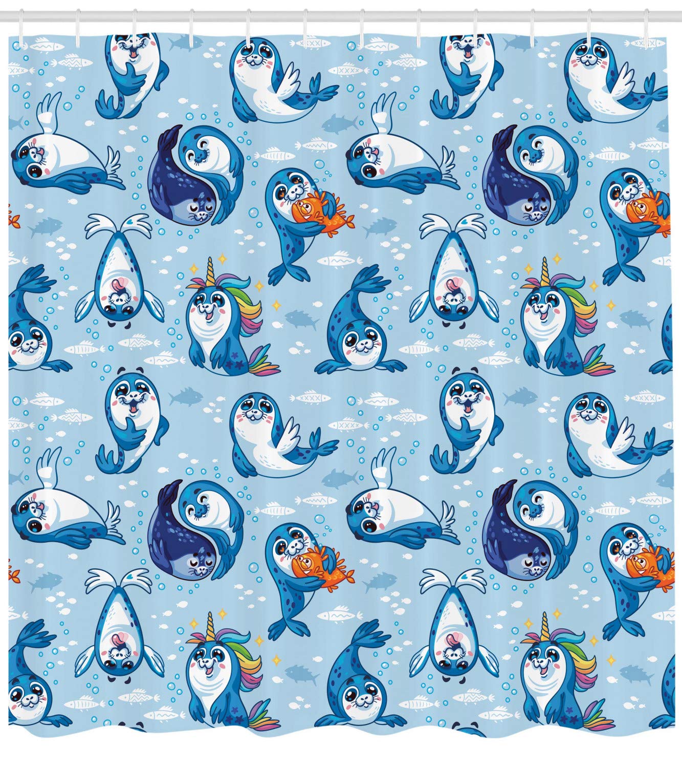 Ambesonne Waterproof Sea Animals Shower Curtain - Seal Pup & Aquatic Wildlife Design with Hugging Bubbles, 69