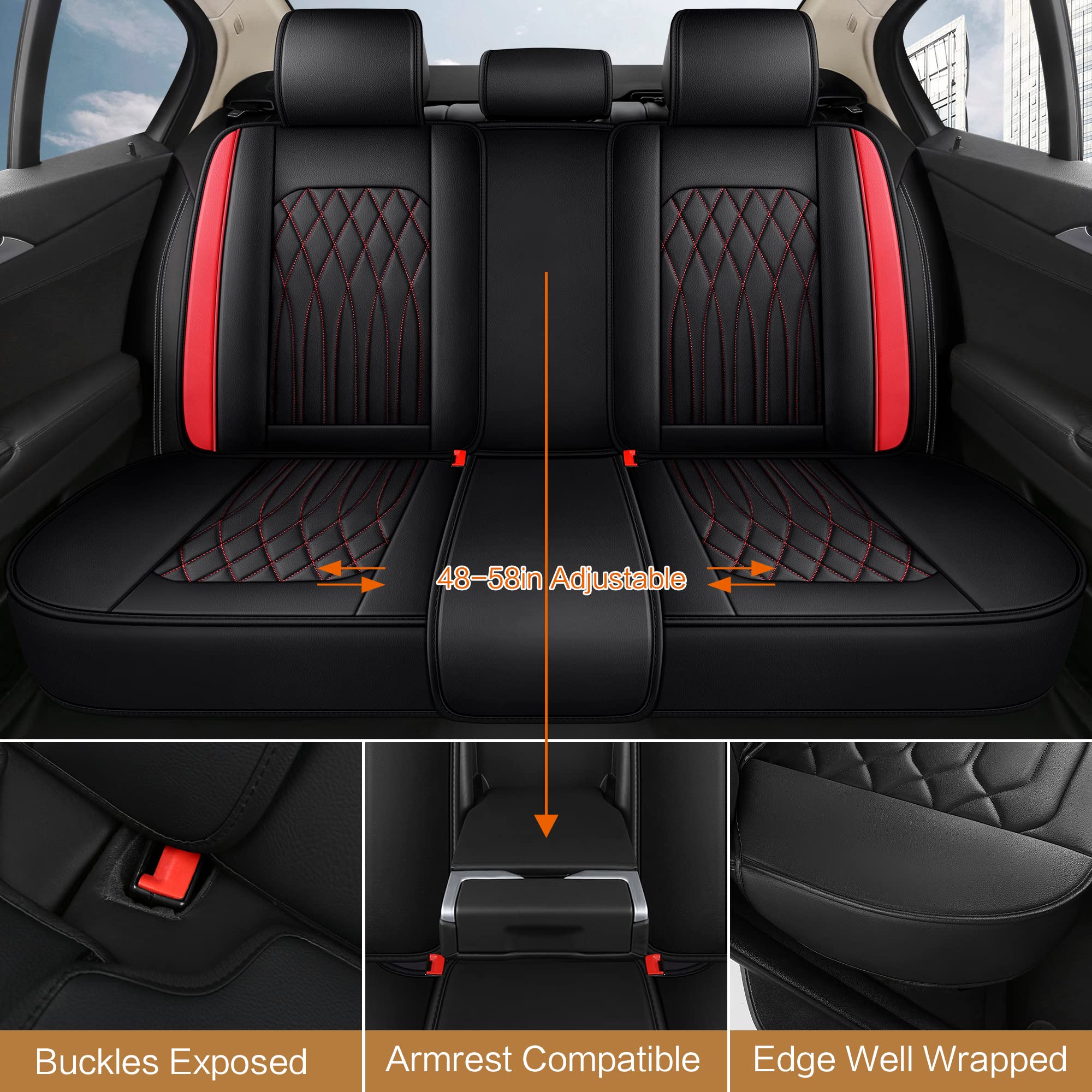 Premium Waterproof Faux Leather Car Seat Covers Full Set - Universal Fit for Sedans, Trucks & SUVs | Non-Slip Luxury Interior Protection | Black/Red Stitching | Perfect for Commuting, Road Trips & Family Vehicles