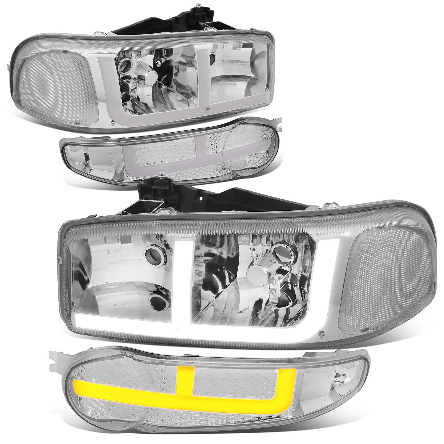 DNA MOTORING HL-LB4 Chrome Headlights for 02-06 GMC Sierra 1500 Denali - Clear Reflector Upgrade for Night Driving