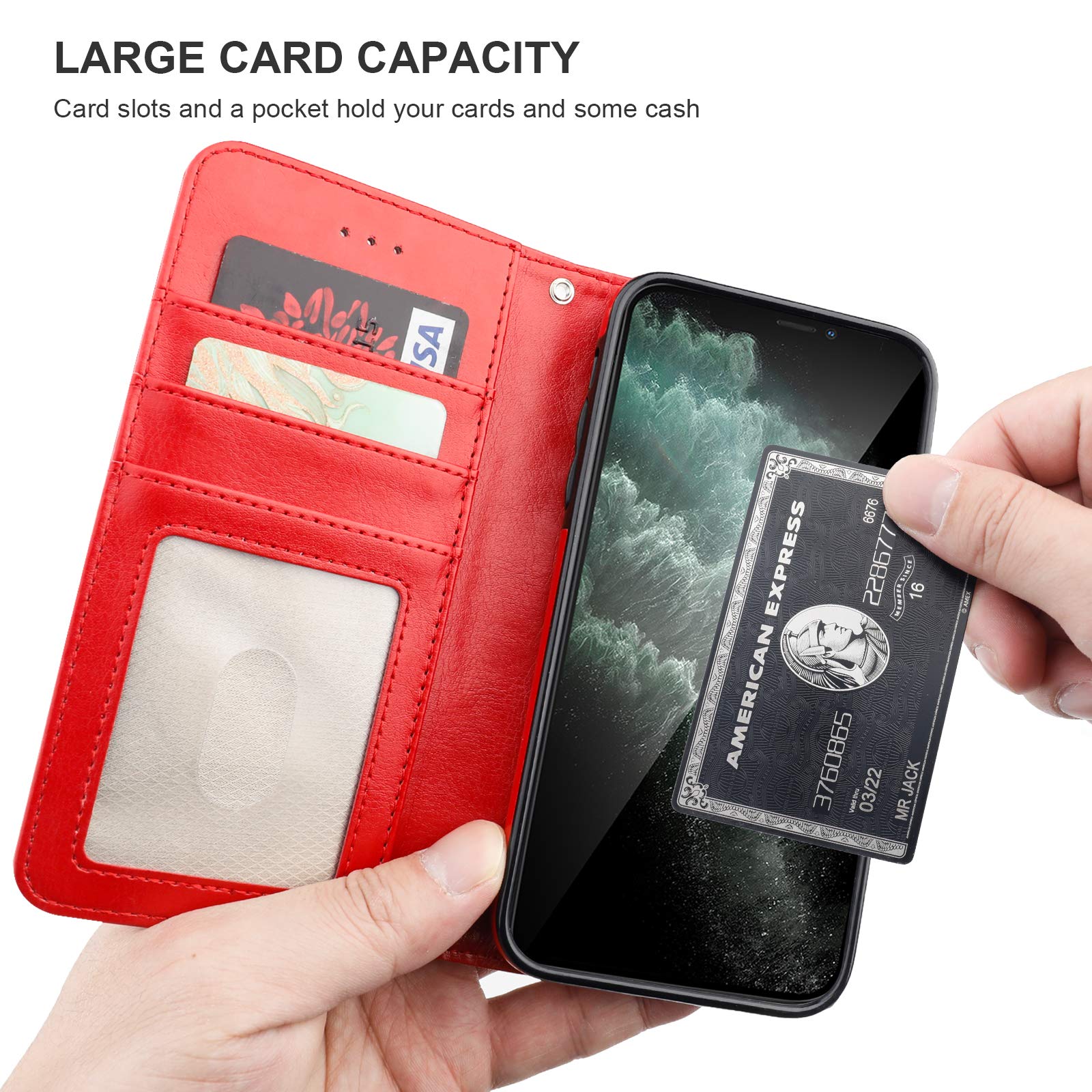 Premium PU Leather Magnetic Detachable Wallet Case for iPhone 11 Pro Max (6.5 inch) - Shockproof Flip Cover with Card Holder, Kickstand & Wrist Strap | Perfect for Work, Travel & Everyday Use (Red)