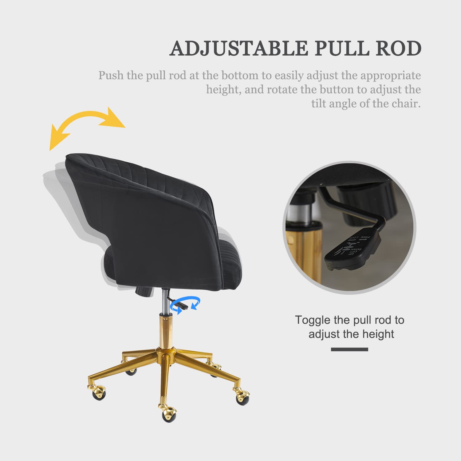 Kiztir Velvet Home Office Chair with Gold Base - Modern Swivel Desk Chair with Round Solid Wheels & Adjustable Height - Ergonomic Computer Chair for Study, Living Room, Bedroom - Perfect for Remote Work & Home Decor (Black)